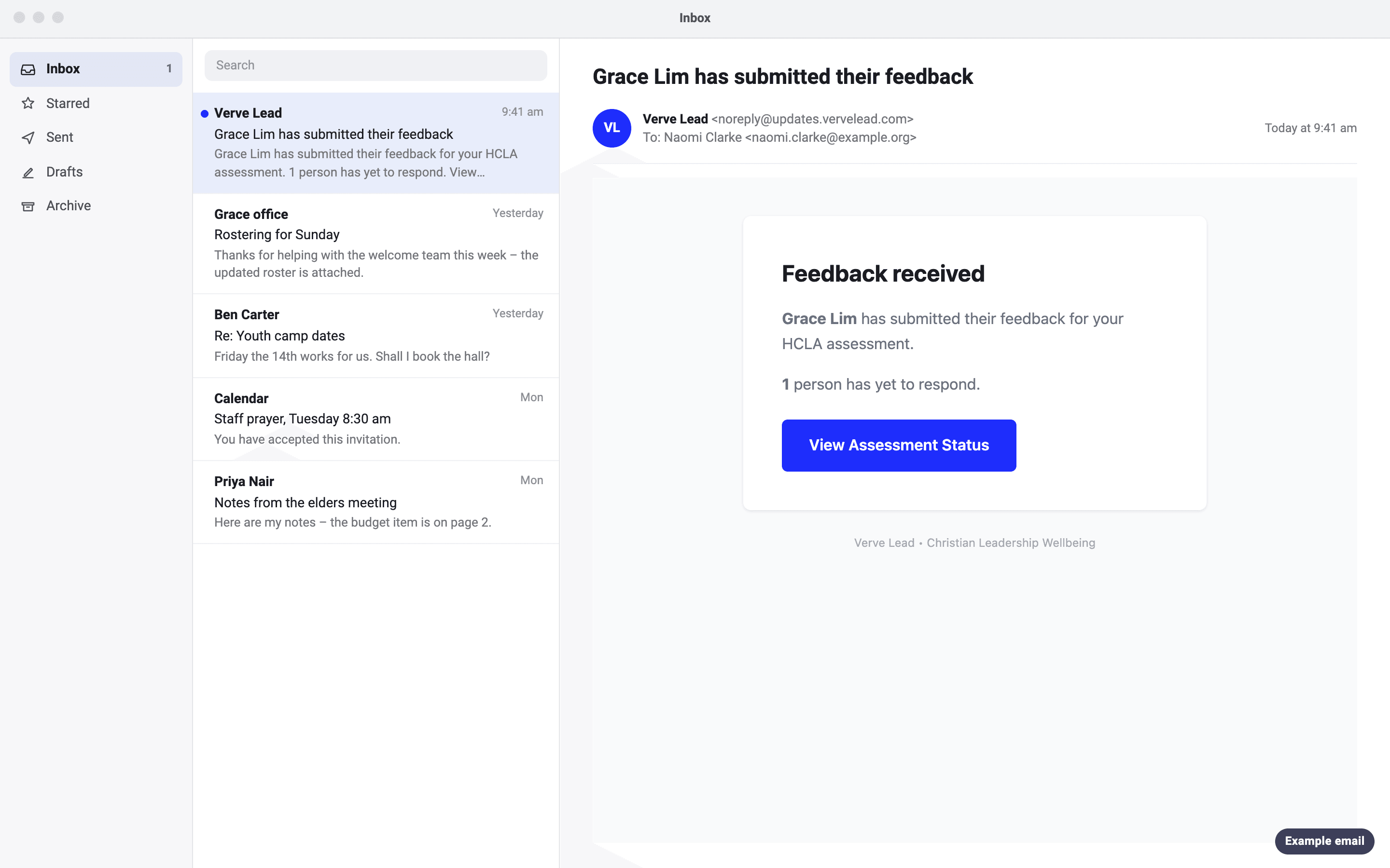 An example email to Naomi Clarke, with the subject 'Grace Lim has submitted their feedback'. It says 1 person has yet to respond and has a View Assessment Status button.