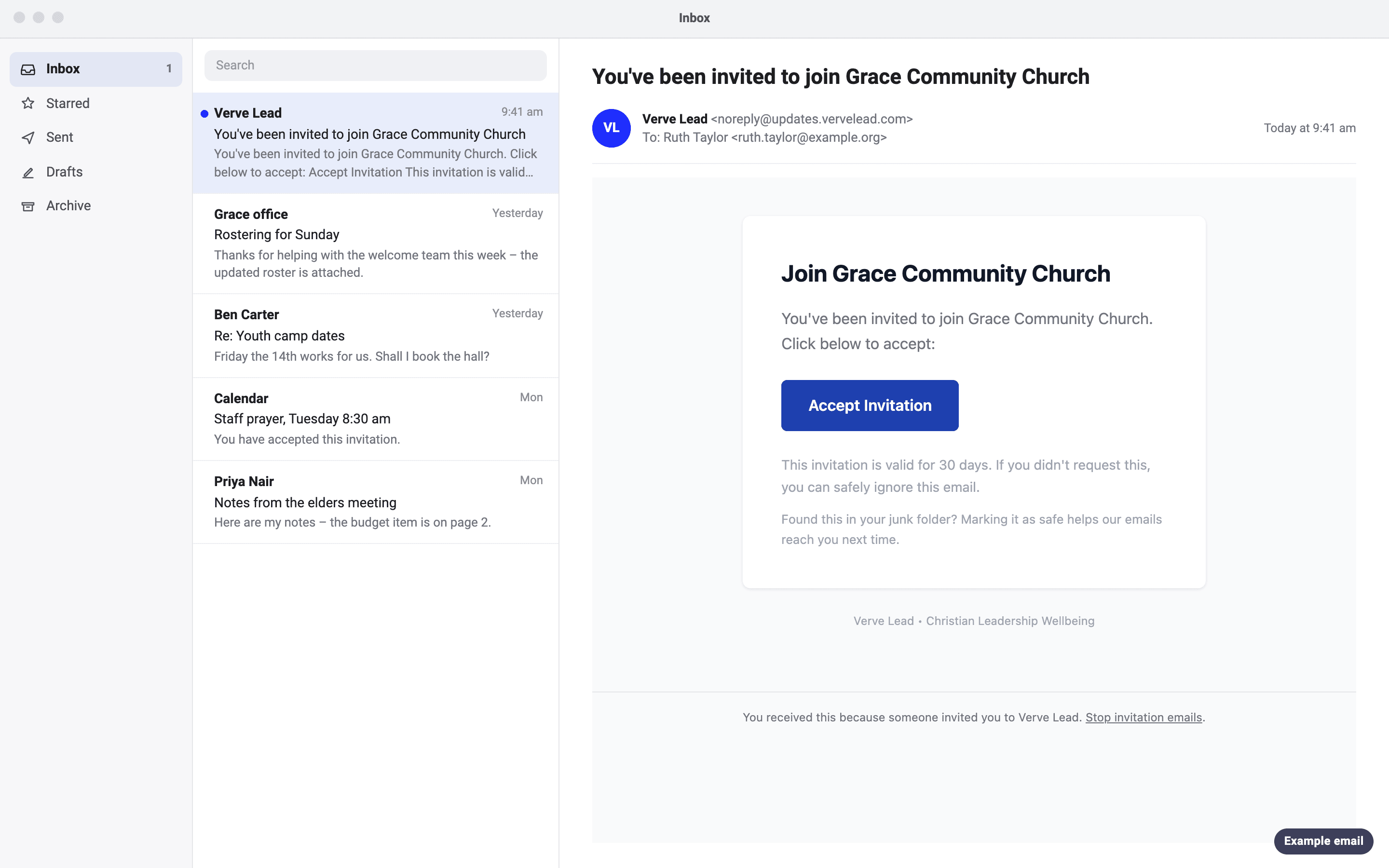 An example invitation email to Ruth Taylor, with the subject 'You've been invited to join Grace Community Church', an Accept Invitation button and a note that the invitation is valid for 30 days.