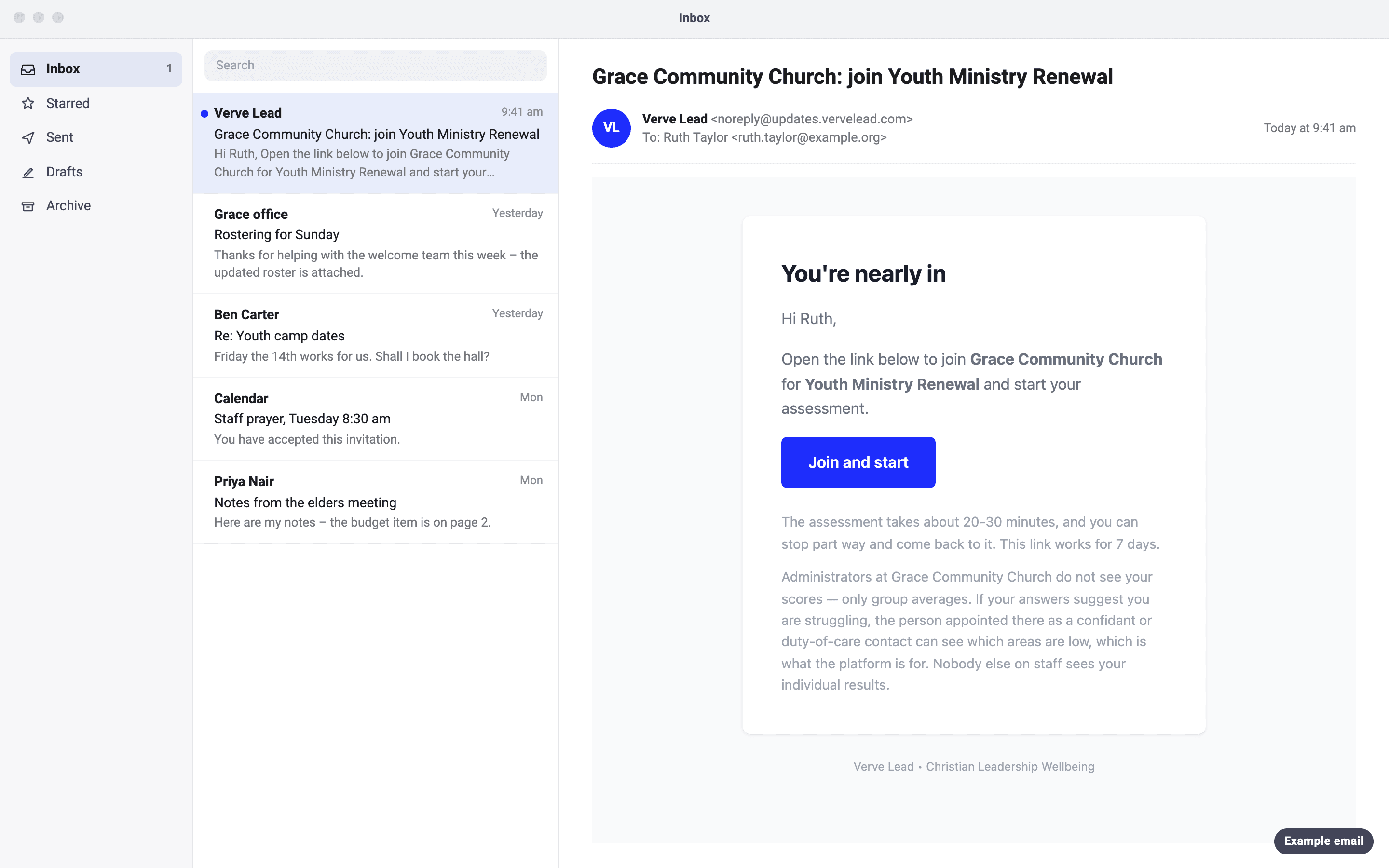 An example email to Ruth, with the subject 'Grace Community Church: join Youth Ministry Renewal'. It has a Join and start button, says the link works for 7 days, and explains that administrators see only group averages.