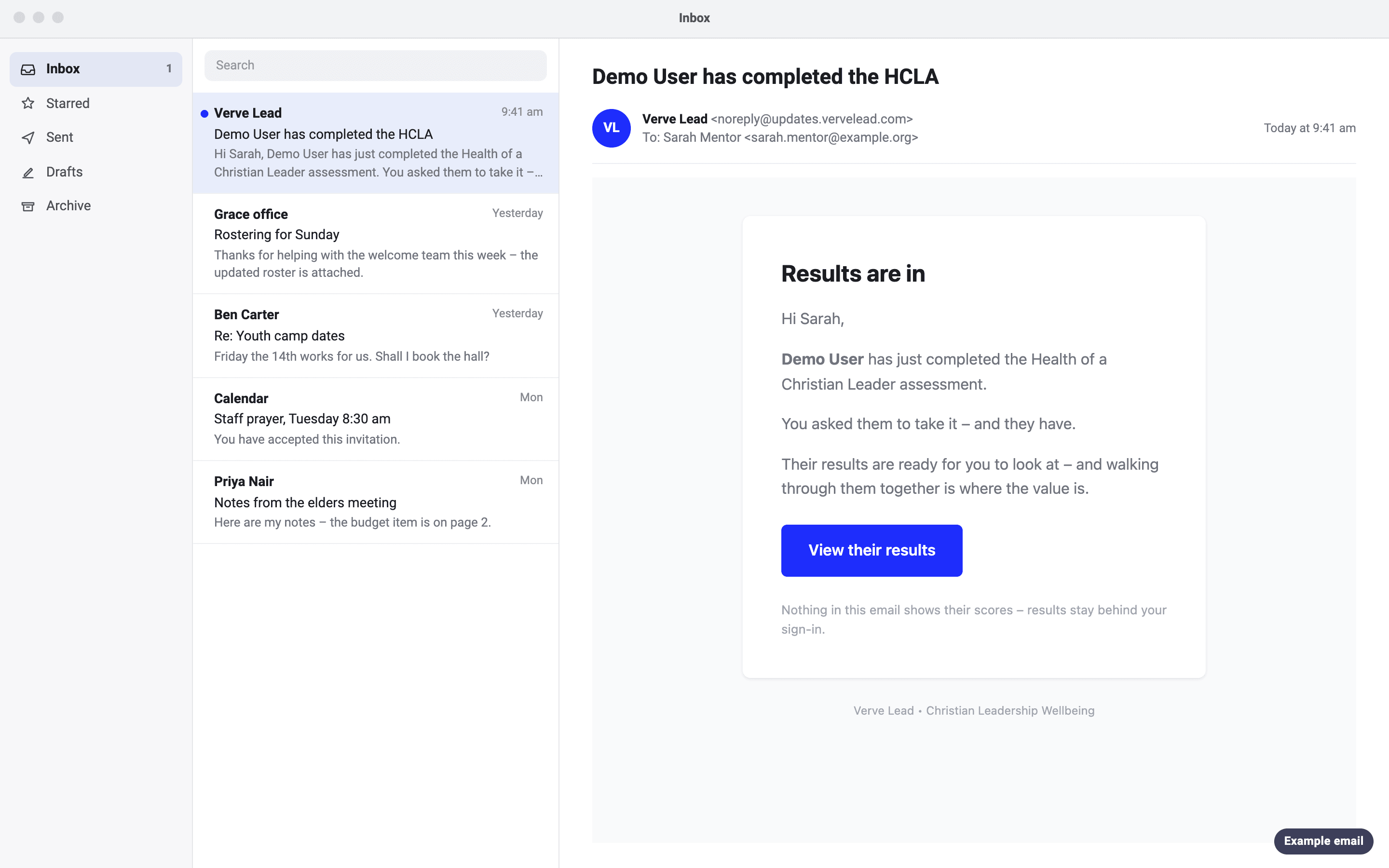 An example email to Sarah Mentor with the subject 'Demo User has completed the HCLA'. It notes she asked them to take it, shows no scores, and has a View their results button.