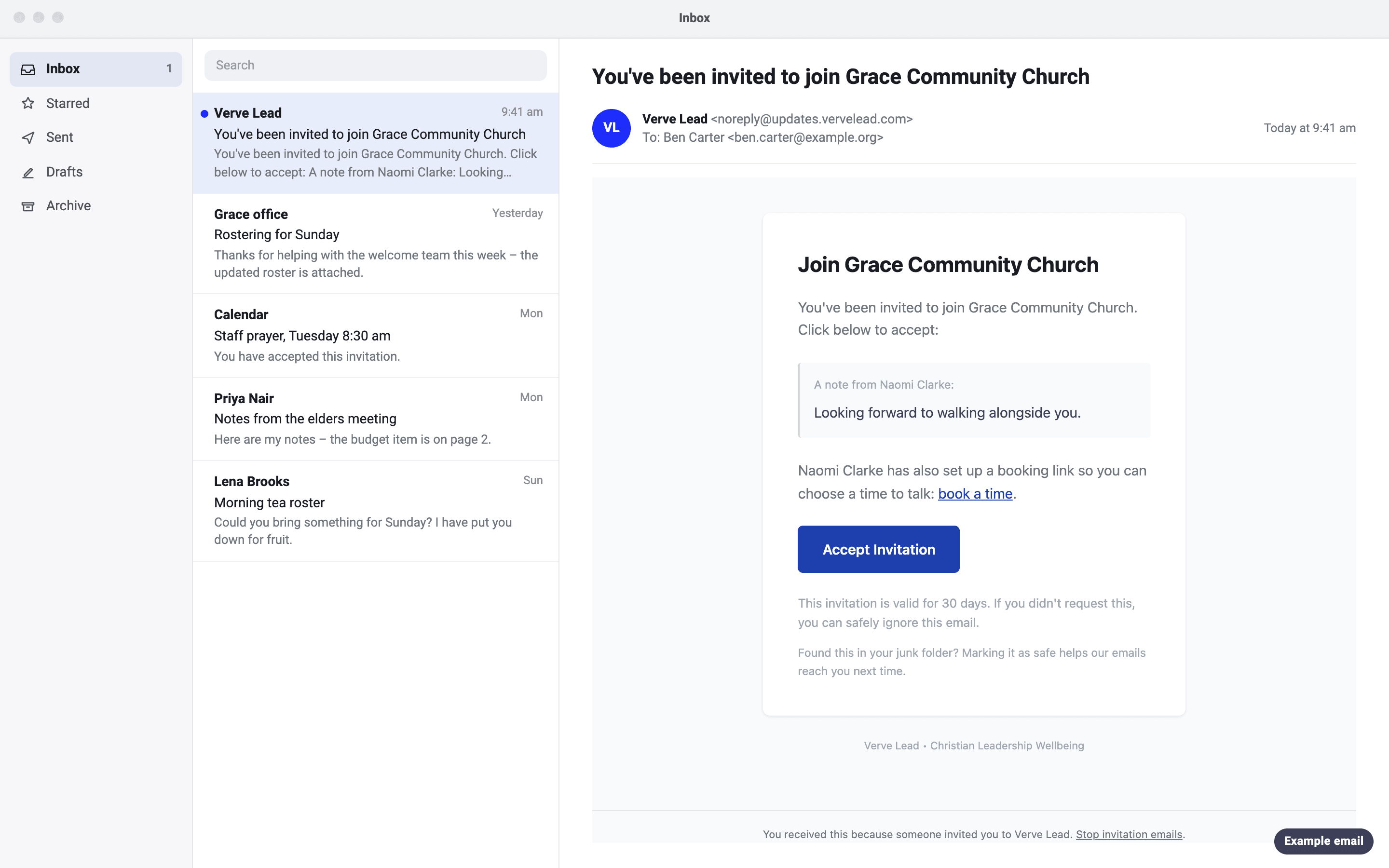 An example invitation email to Ben Carter, with the subject 'You've been invited to join Grace Community Church'. 'A note from Naomi Clarke:' sits above the message 'Looking forward to walking alongside you.', followed by a book a time link and an Accept Invitation button.