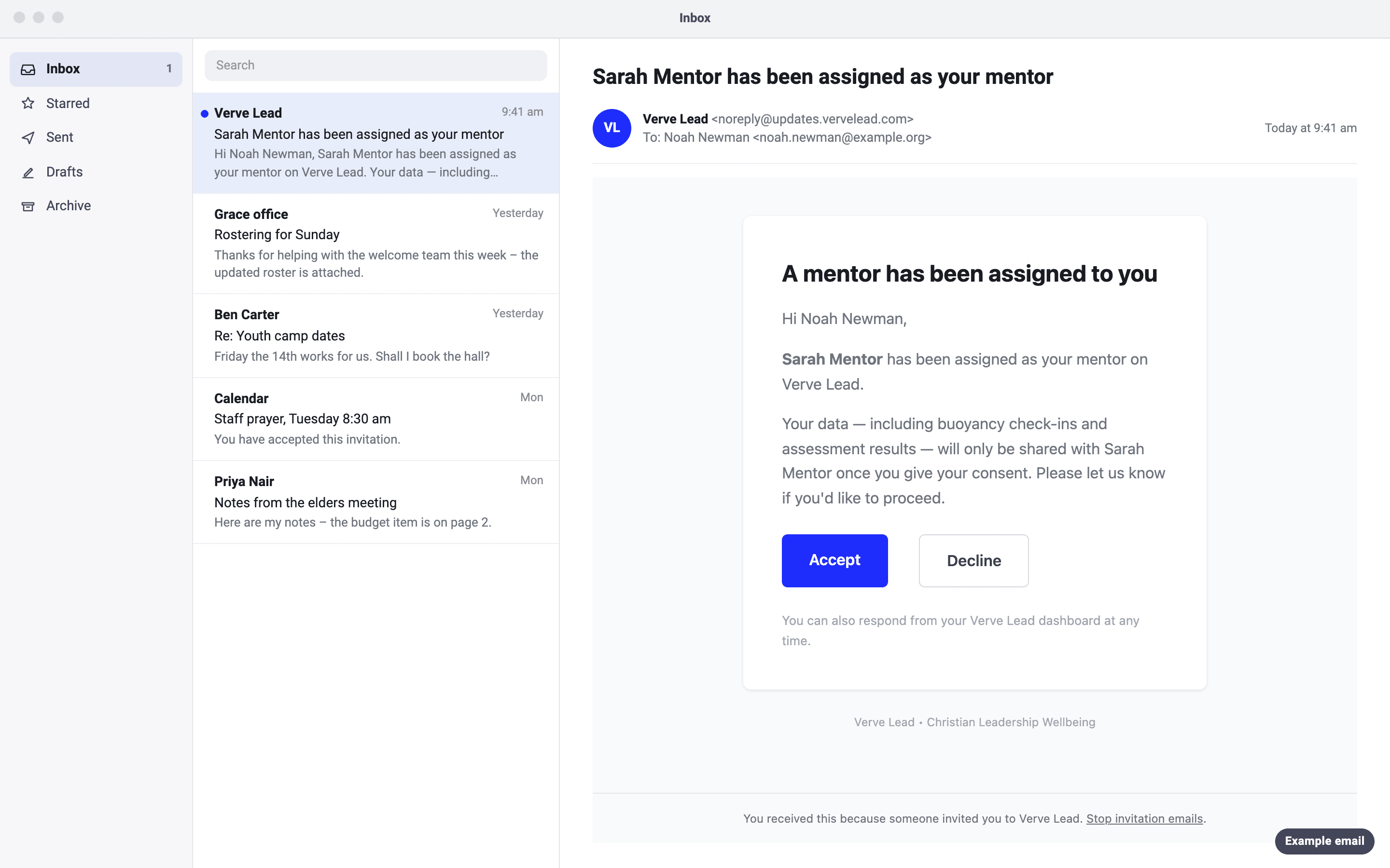 An example email to Noah Newman, with the subject 'Sarah Mentor has been assigned as your mentor'. It says Noah's check-ins and results are shared with Sarah Mentor only once Noah consents, and has Accept and Decline buttons.