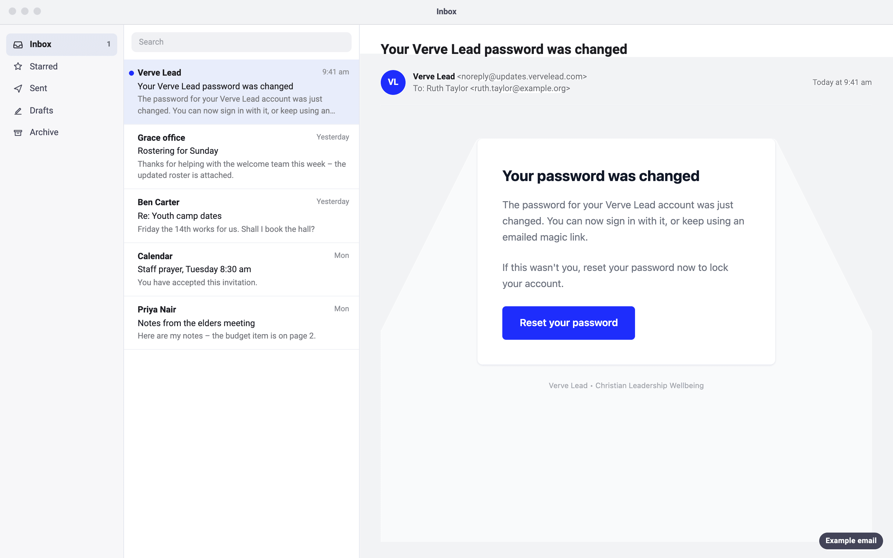 An example email from Verve Lead to Ruth Taylor, with the subject 'Your Verve Lead password was changed'. It says to reset your password if the change was not yours, and has a Reset your password button.