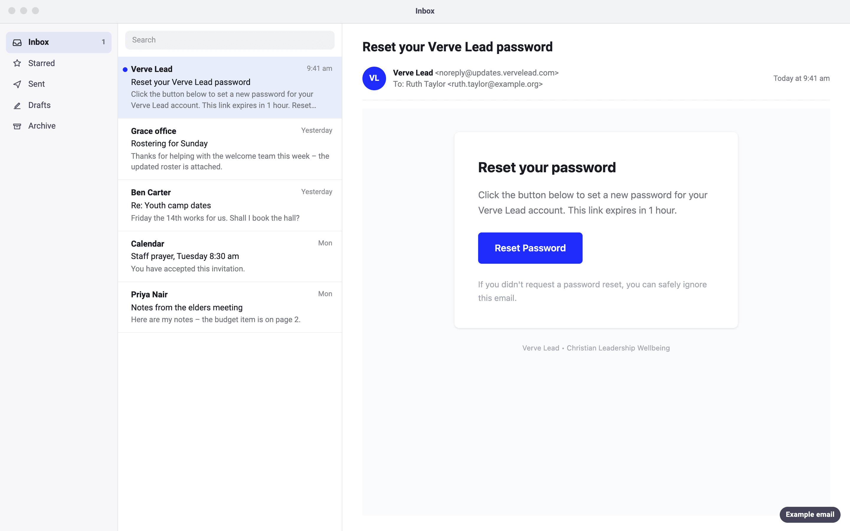 An example email from Verve Lead to Ruth Taylor, with the subject 'Reset your Verve Lead password'. It says the link expires in 1 hour and has a Reset Password button.