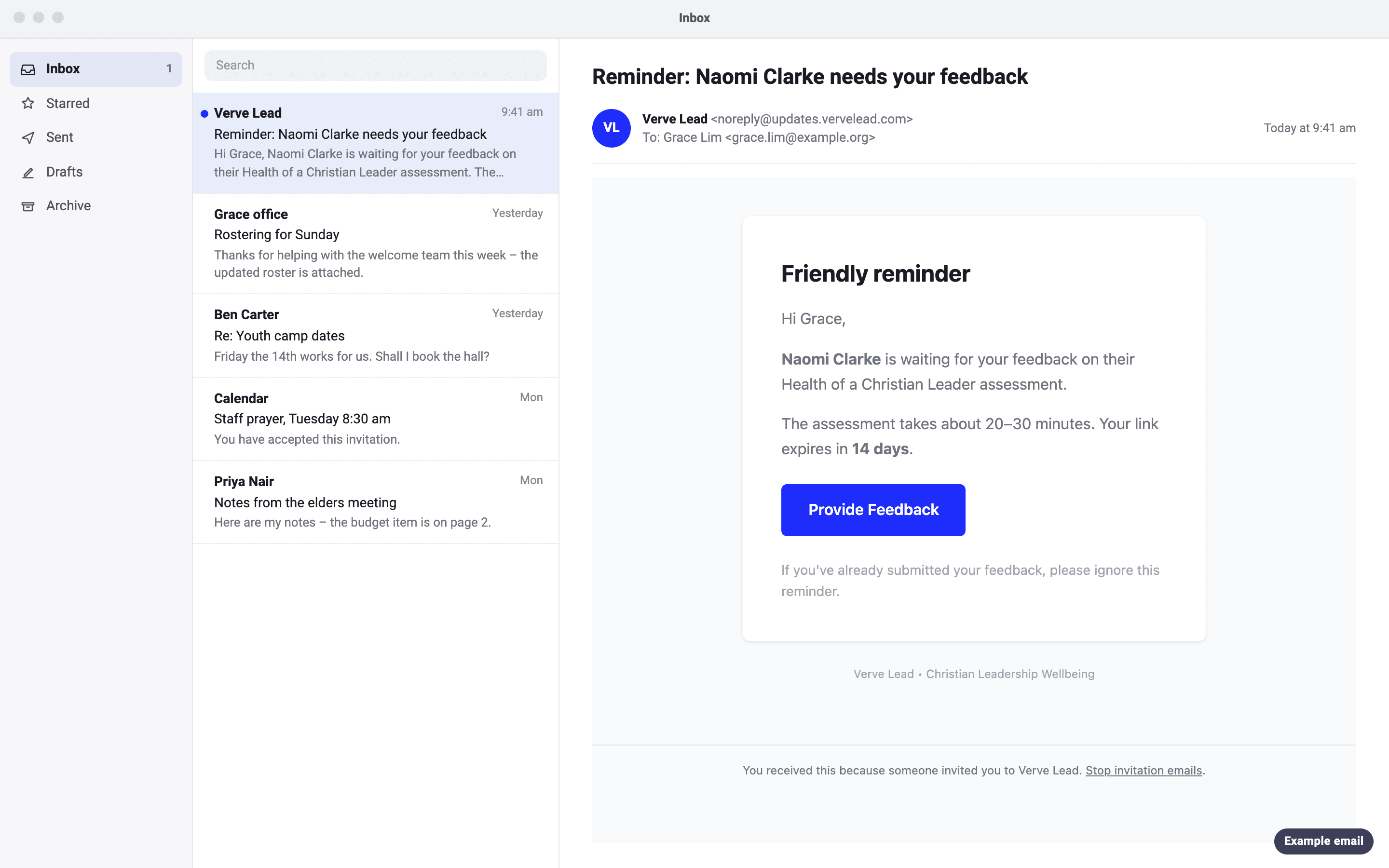 An example reminder email to Grace, with the subject 'Reminder: Naomi Clarke needs your feedback', a Provide Feedback button and a note to ignore the reminder if the feedback is already in.