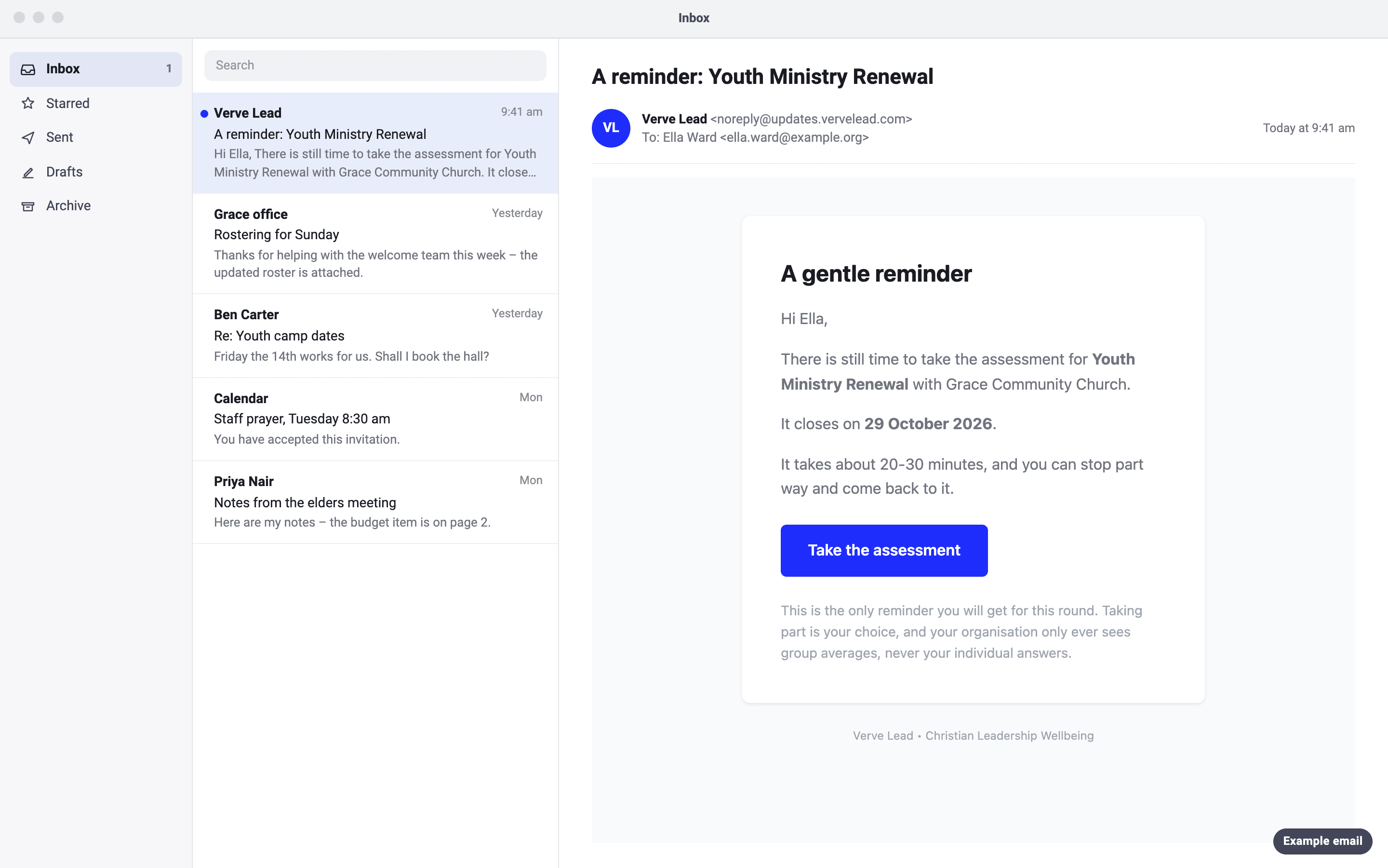 An example reminder email to Ella, with the subject 'A reminder: Youth Ministry Renewal'. It gives the closing date, says this is the only reminder for the round, and has a Take the assessment button.