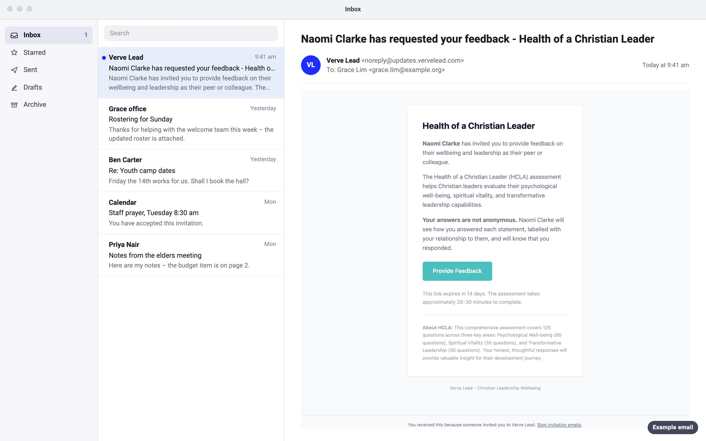 An example email to Grace Lim, with the subject 'Naomi Clarke has requested your feedback - Health of a Christian Leader'. It says Naomi Clarke invited Grace as their peer or colleague, says the answers are not anonymous, and has a Provide Feedback button.