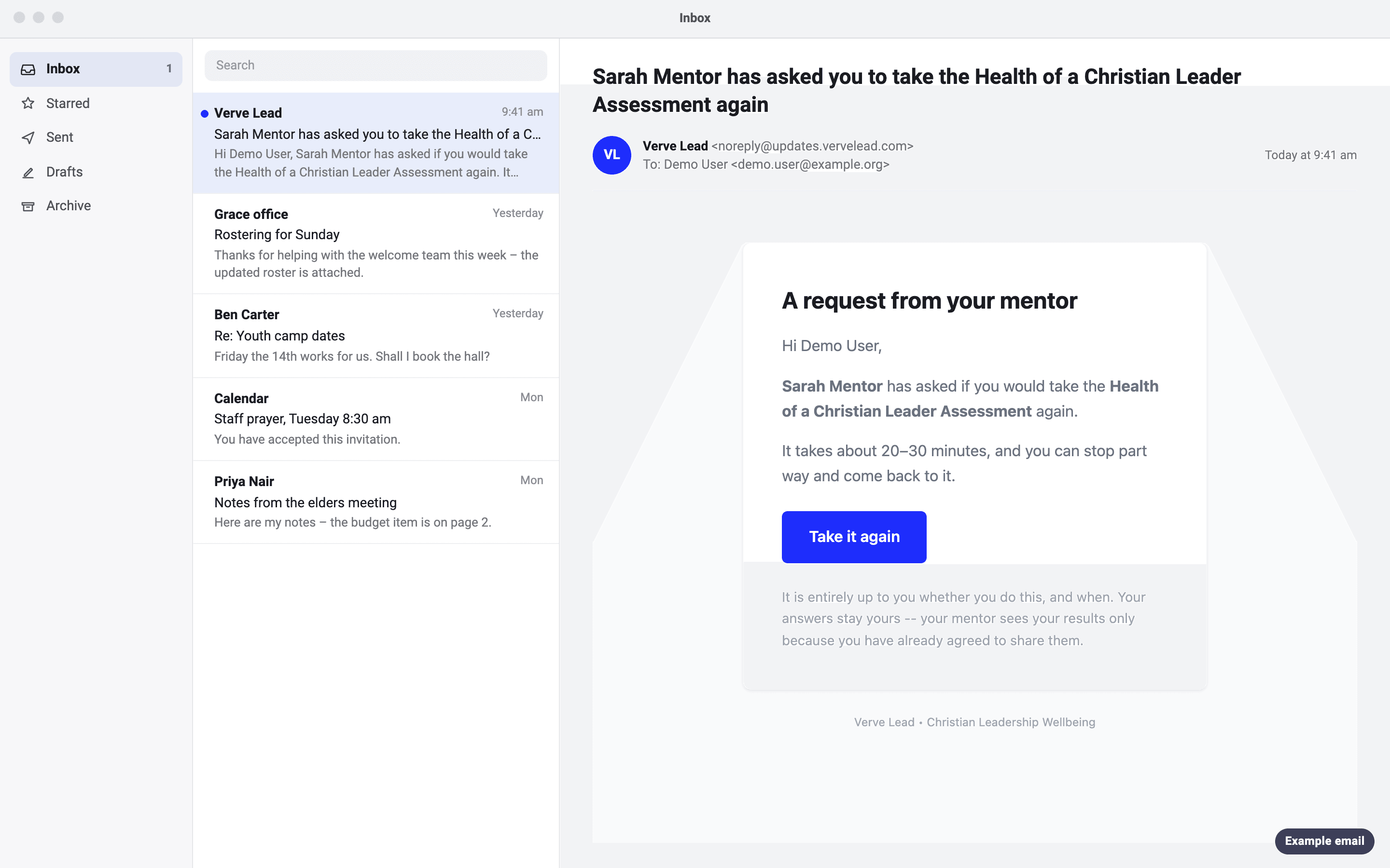 An example email to Demo User, headed A request from your mentor, with the subject 'Sarah Mentor has asked you to take the Health of a Christian Leader Assessment again'. It has a Take it again button and says the choice is theirs.