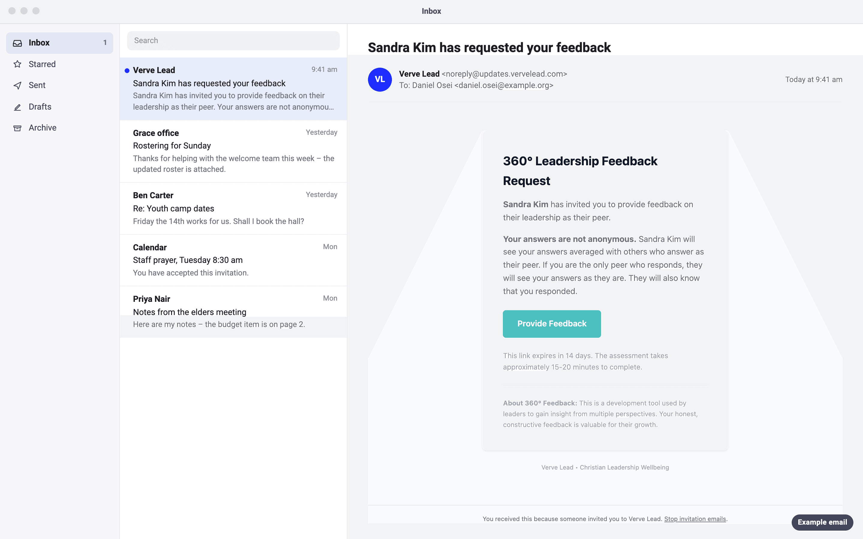 An example email to Daniel Osei, with the subject 'Sandra Kim has requested your feedback' and the heading 360° Leadership Feedback Request. It says Sandra Kim invited Daniel as their peer, explains who will see the answers, and has a Provide Feedback button.