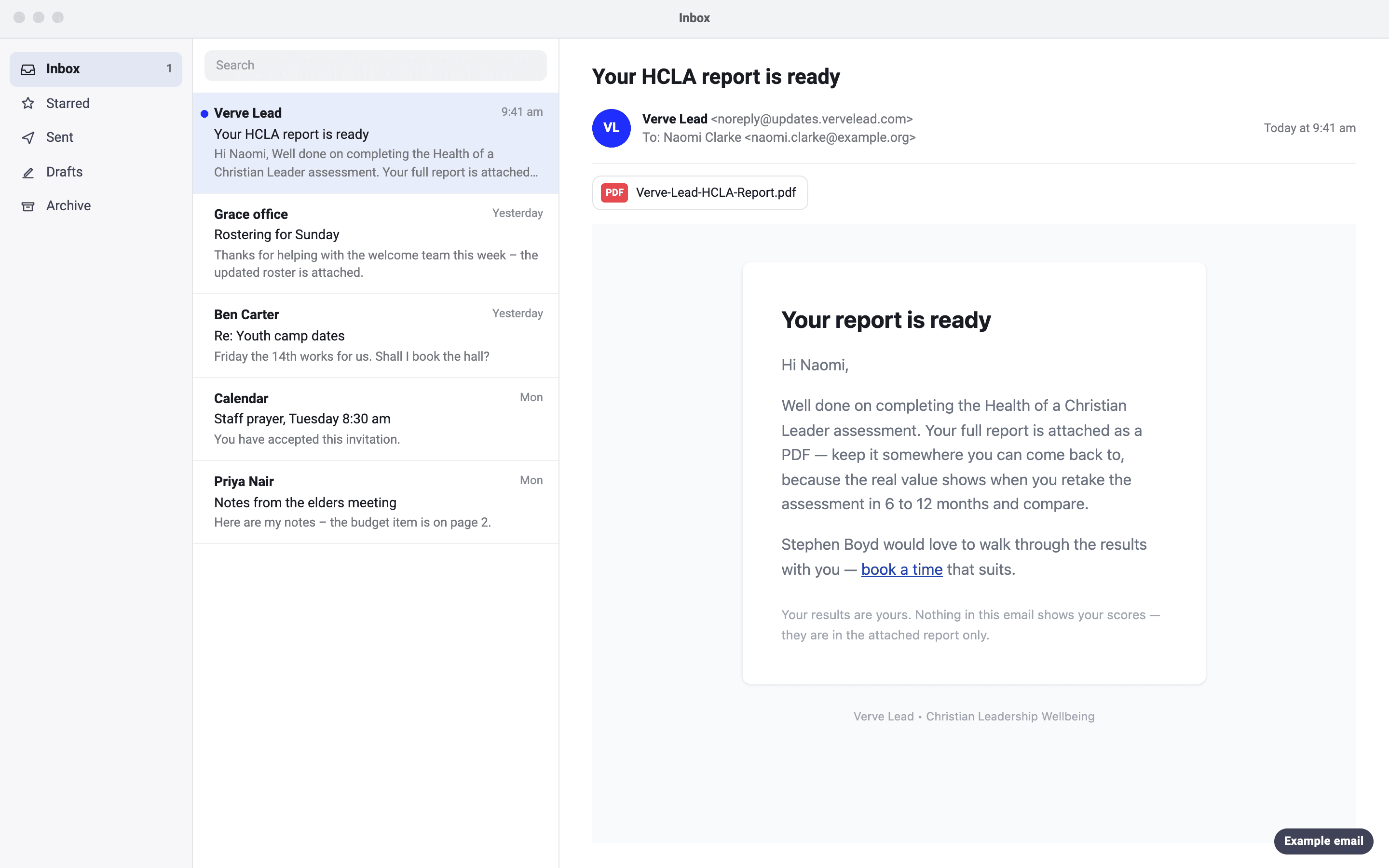 An example email to Naomi Clarke, with the subject 'Your HCLA report is ready' and the PDF attachment Verve-Lead-HCLA-Report.pdf. It has a book a time link to talk the results through with Stephen Boyd, and says the email itself shows no scores.