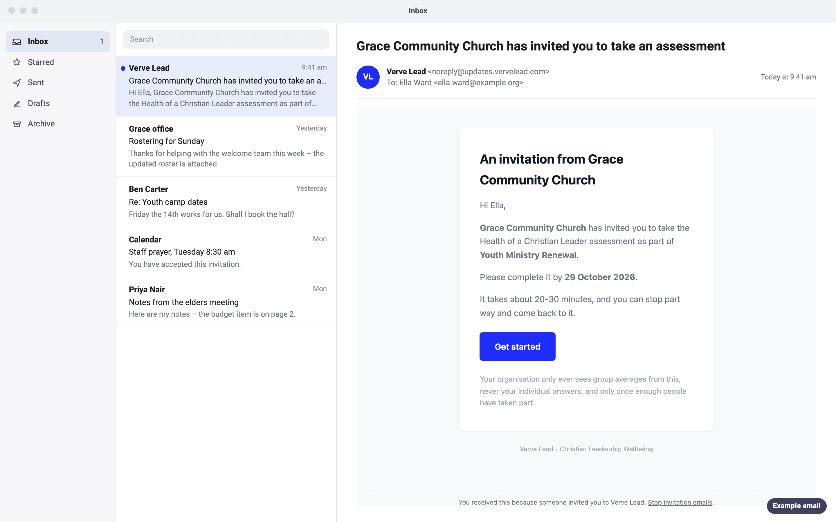 An example email to Ella, with the subject 'Grace Community Church has invited you to take an assessment'. It names the programme, Youth Ministry Renewal, gives the date to complete it by, says the organisation sees only group averages, and has a Get started button.