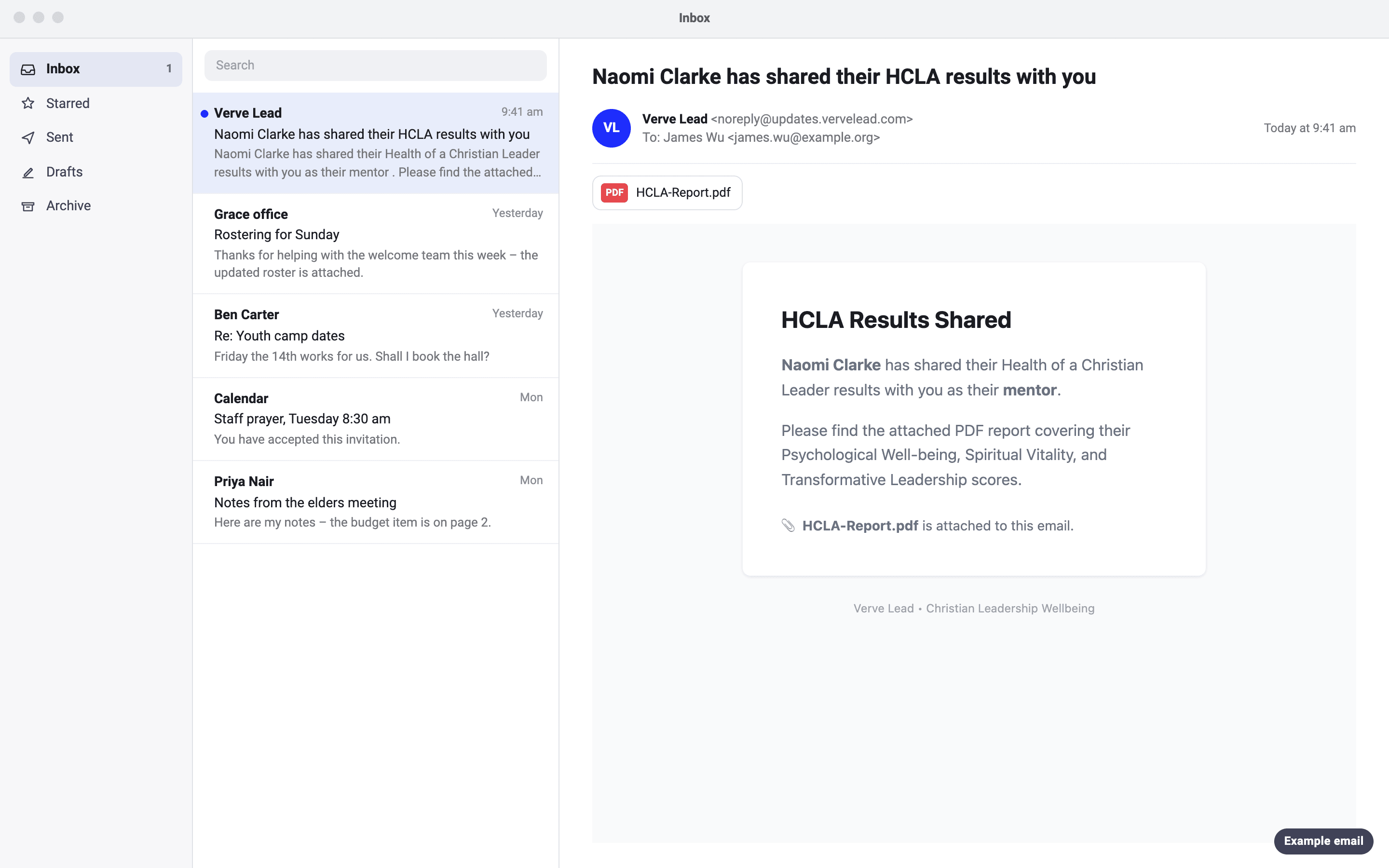 An example email to James Wu, with the subject 'Naomi Clarke has shared their HCLA results with you'. It says Naomi Clarke shared the results with James as their mentor, and has the PDF report HCLA-Report.pdf attached.
