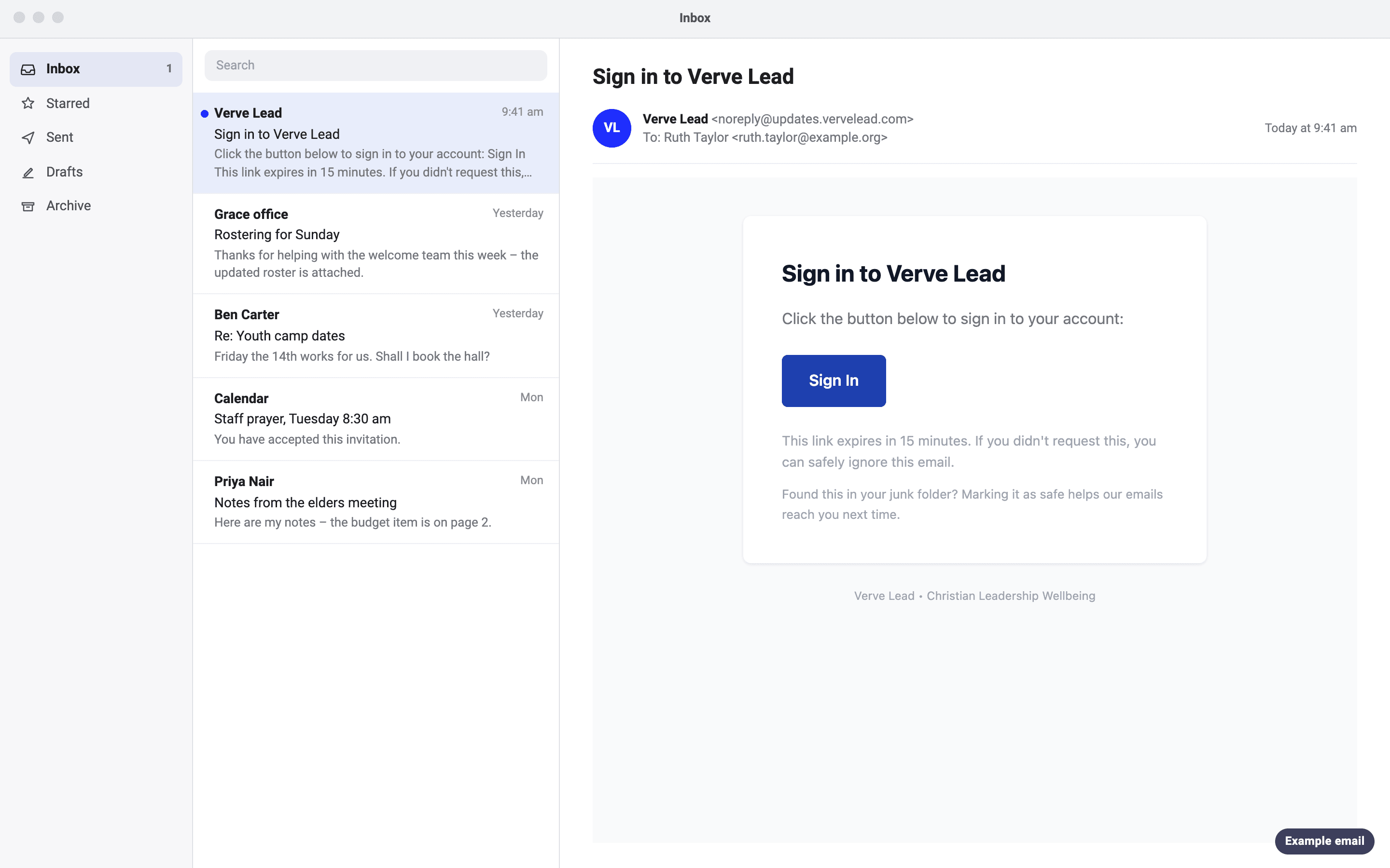 An example email from Verve Lead to Ruth Taylor, with the subject 'Sign in to Verve Lead', a Sign In button and a note on when the link expires.