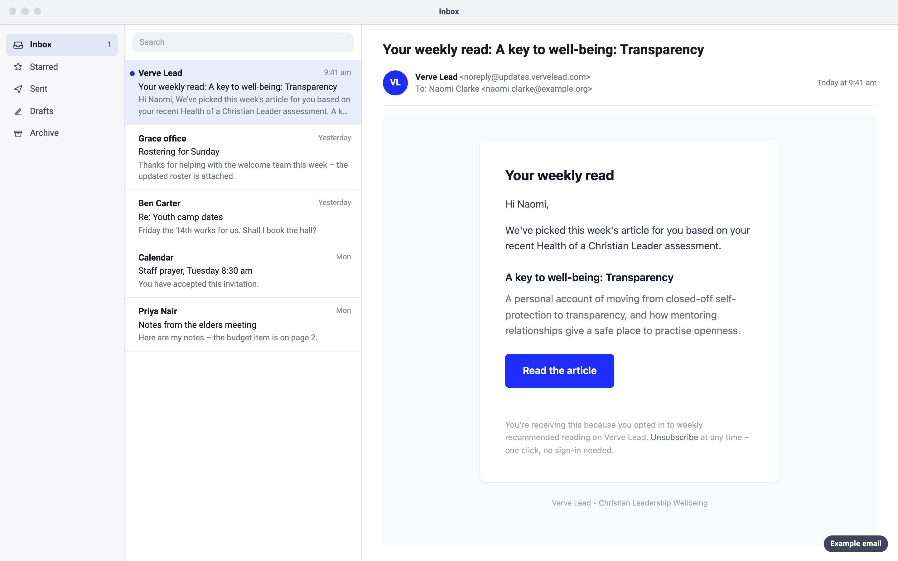 An example email to Naomi Clarke, with the subject 'Your weekly read: A key to well-being: Transparency'. It shows the article's title and summary, a Read the article button and an Unsubscribe link.