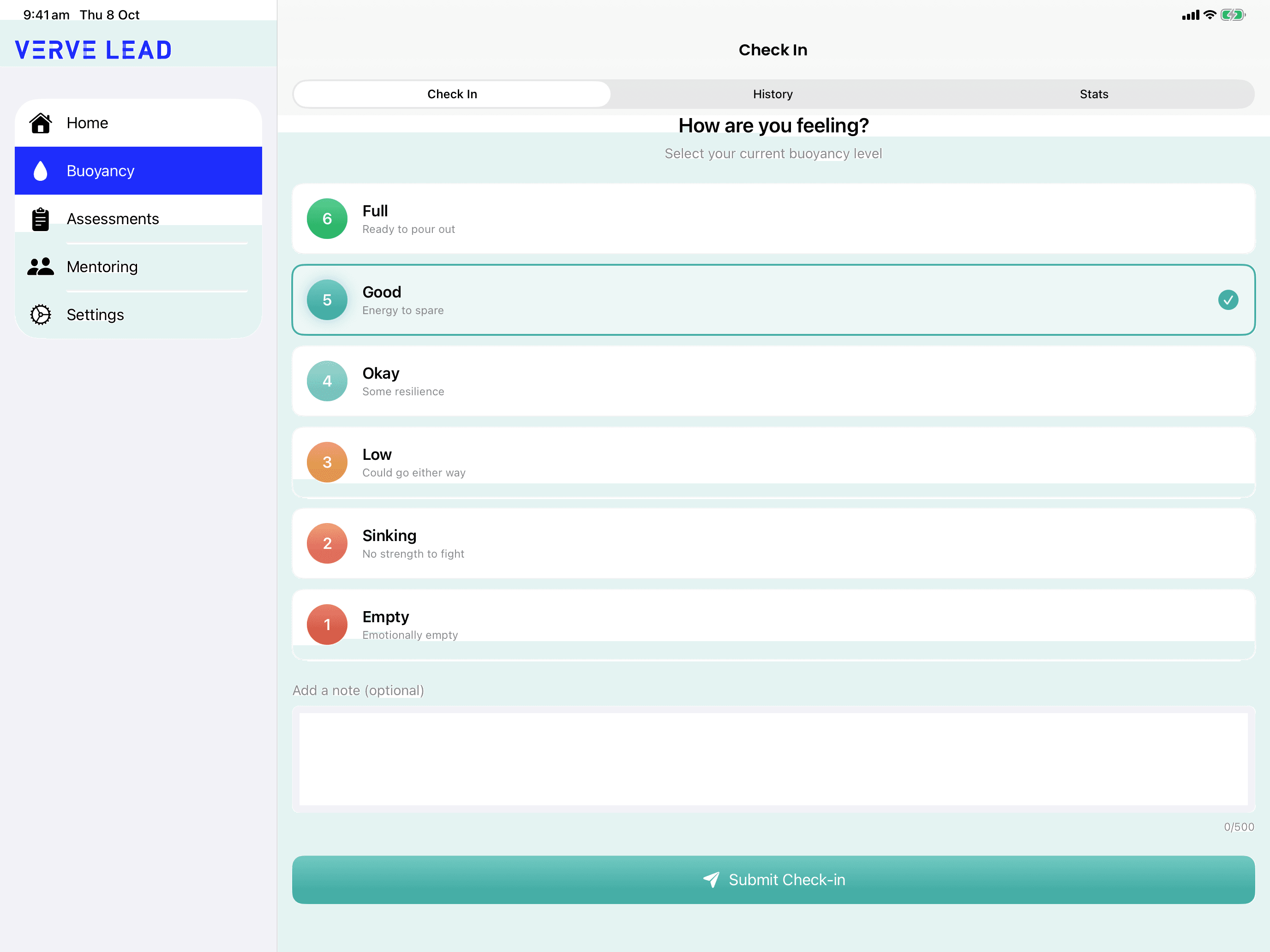 The iPad check-in screen, with the sidebar on the left and the 6 levels, a note box and a Submit Check-in button on the right.