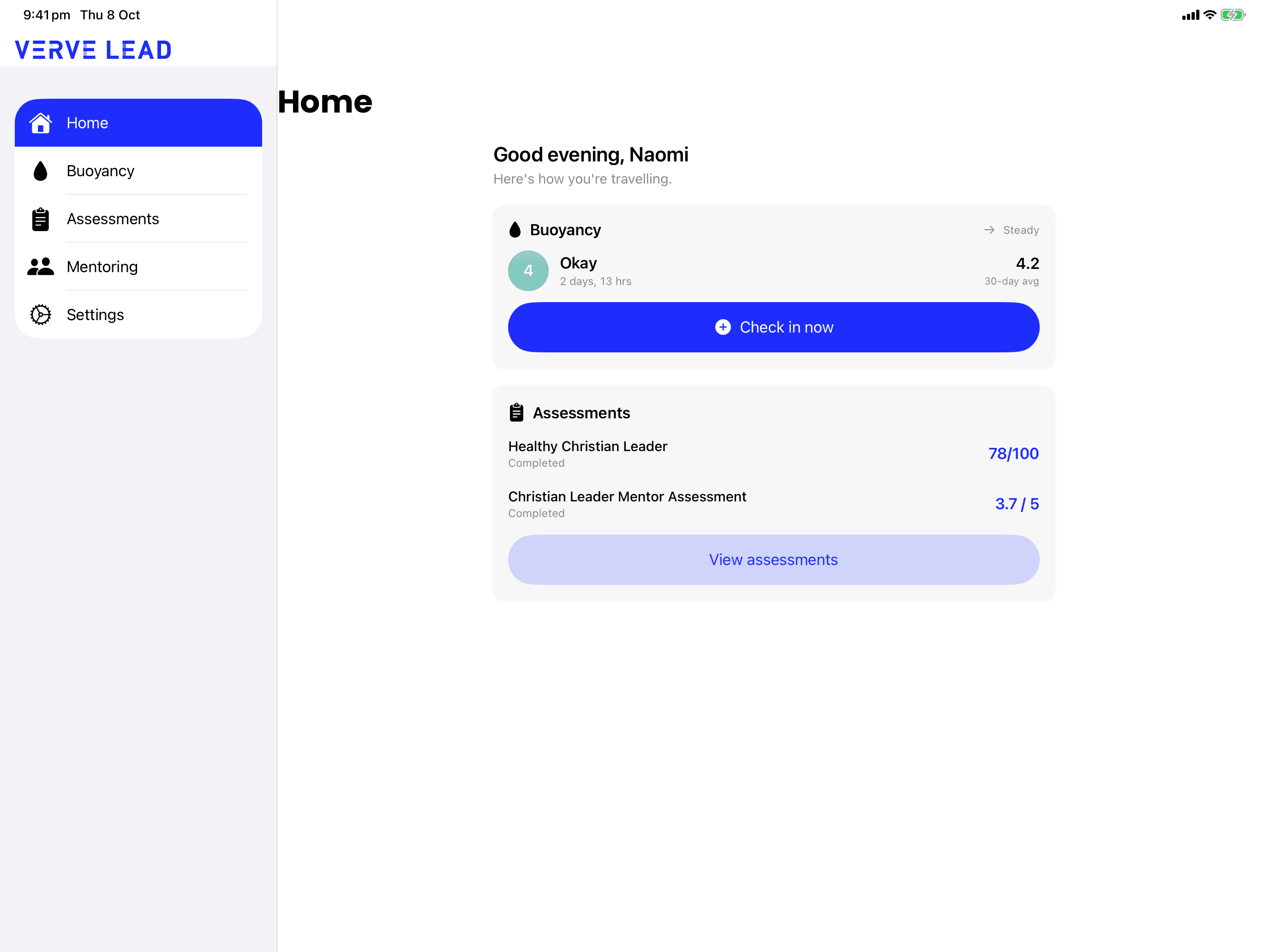 The iPad app with a sidebar listing Home, Buoyancy, Assessments, Mentoring and Settings, and the Home screen on the right.