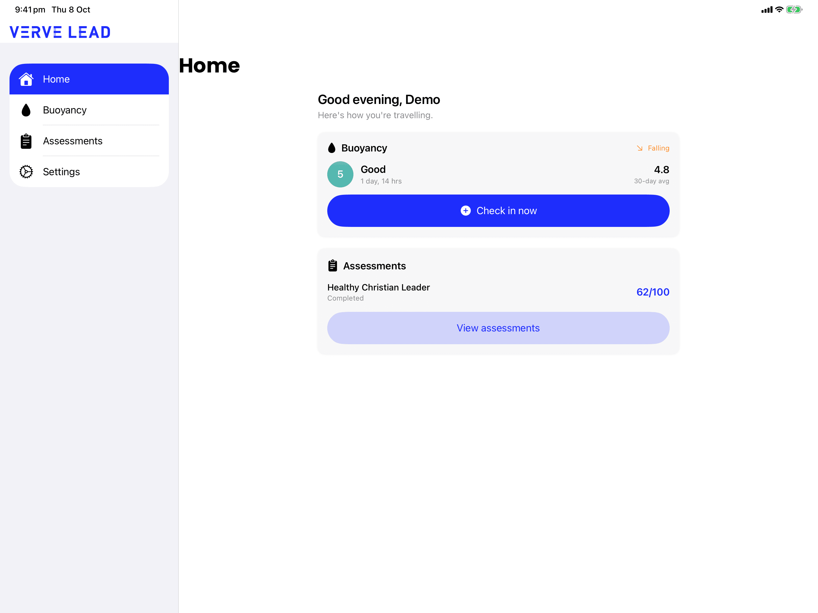 The iPad app's Home screen, with the sections Home, Buoyancy, Assessments and Settings in a sidebar on the left, and the Buoyancy and Assessments cards on the right.