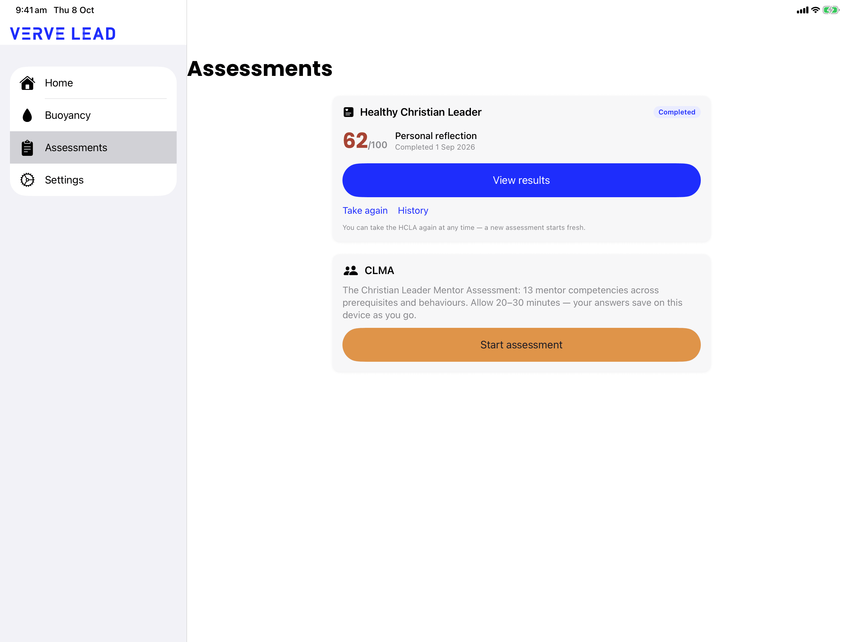 The iPad Assessments screen, with the sidebar on the left and the Healthy Christian Leader and CLMA cards on the right.
