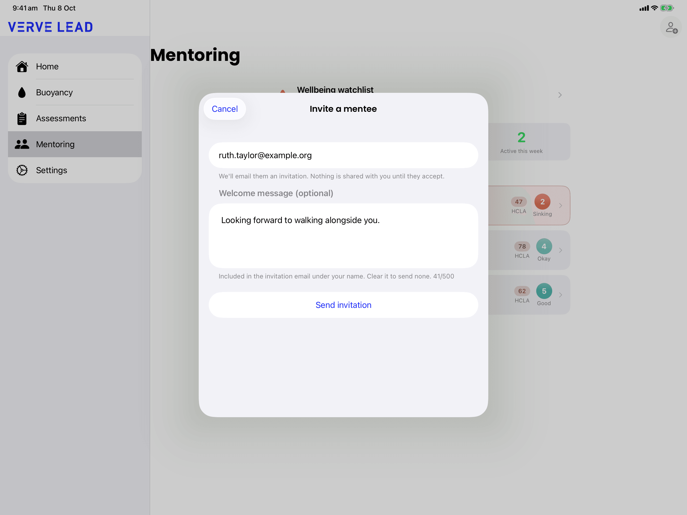 The same Invite a mentee screen on iPad, over the Mentoring section with the sidebar behind it.