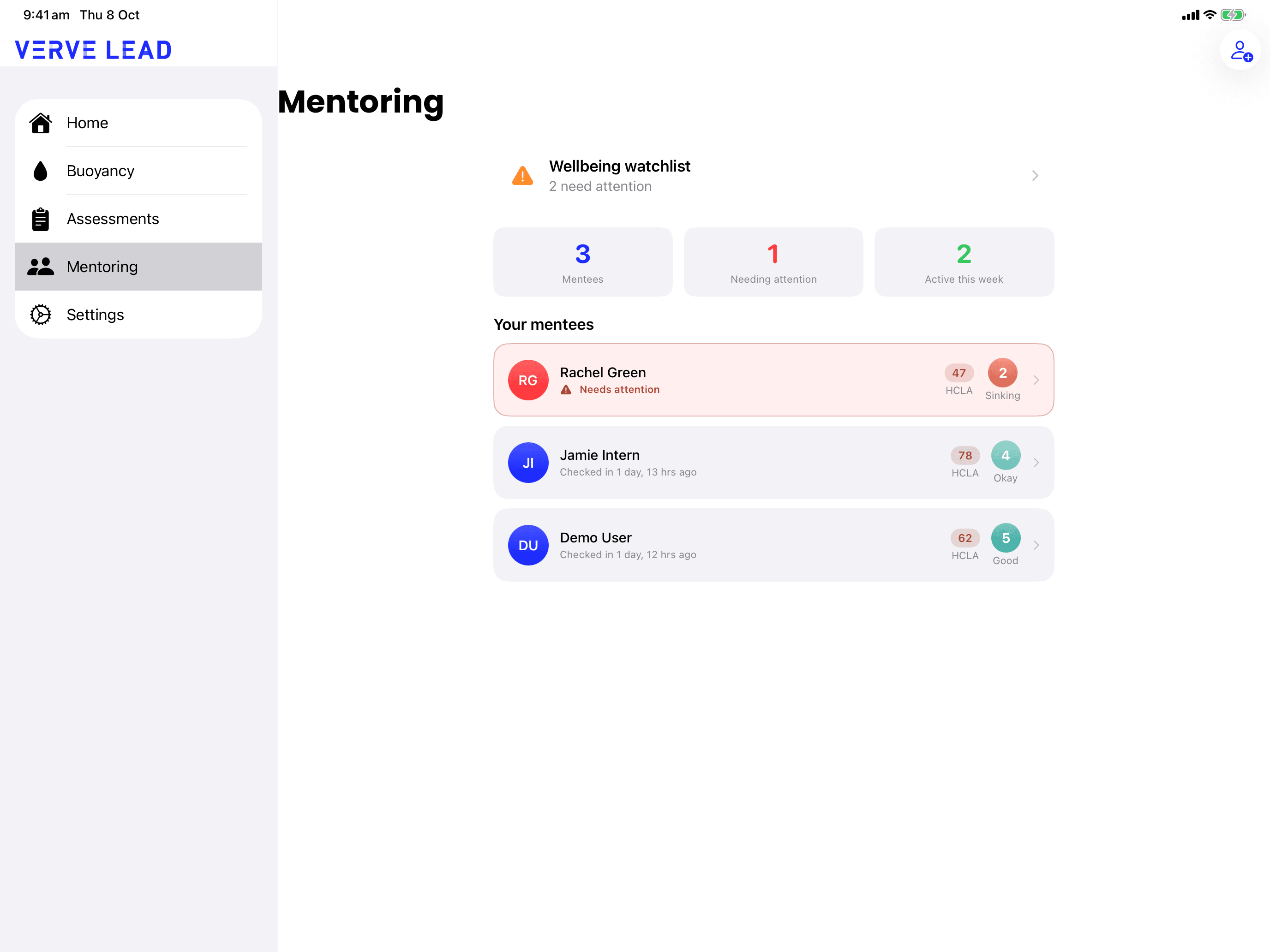 The same Mentoring screen on iPad, beside the sidebar.