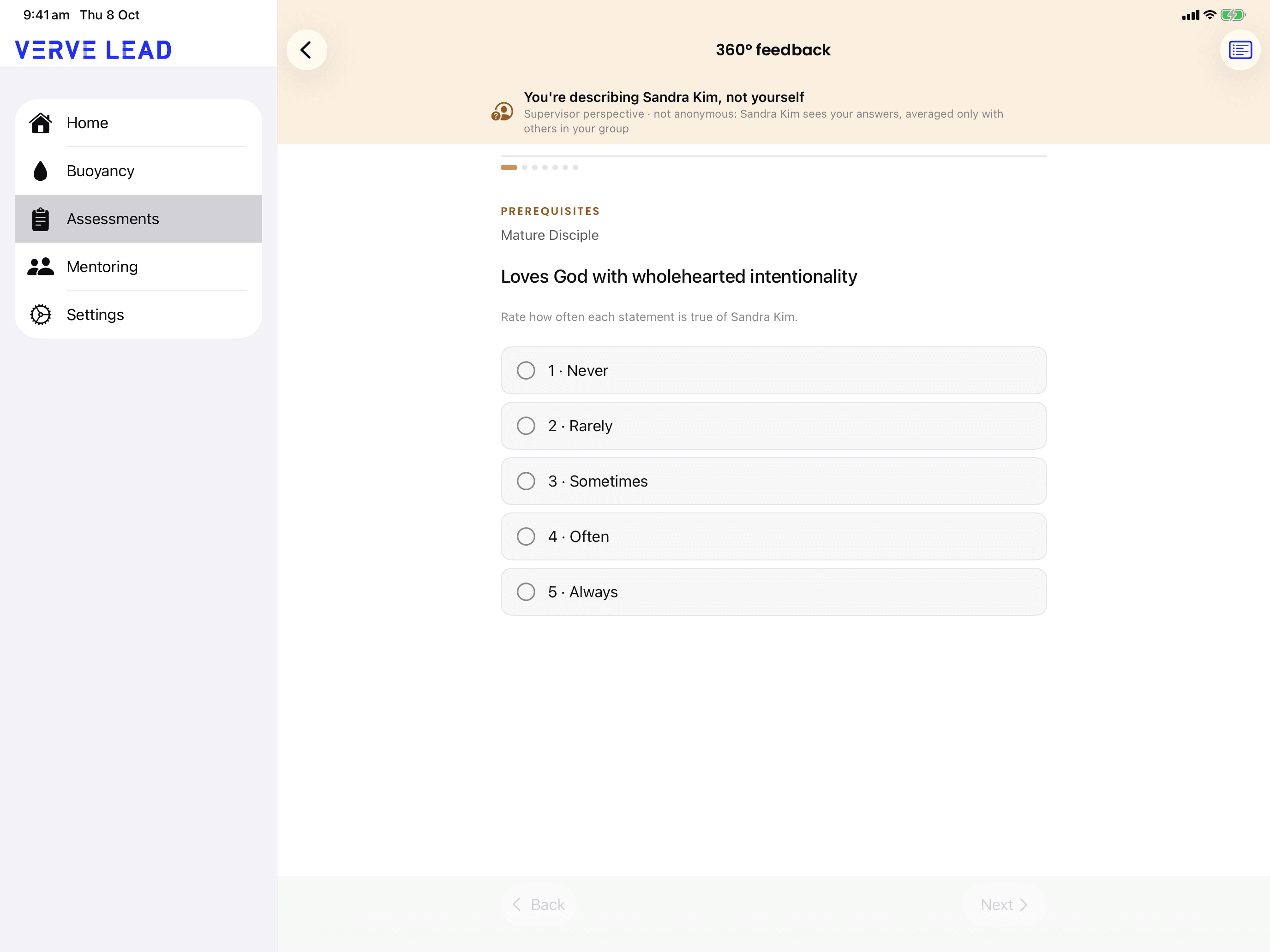 The iPad 360° feedback screen, with the sidebar on the left and a statement with answers from Never to Always on the right.