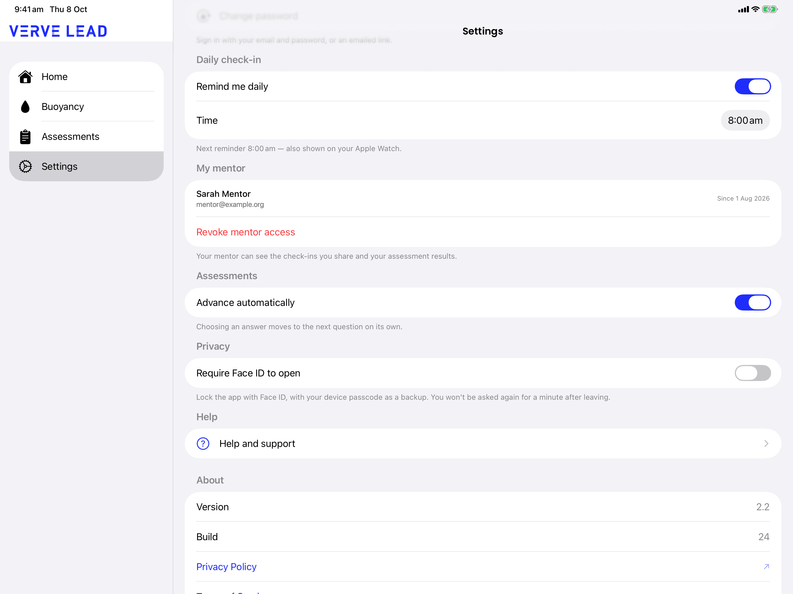 The iPad app's Settings, with the sidebar on the left and the Daily check-in section on the right, Remind me daily switched on.