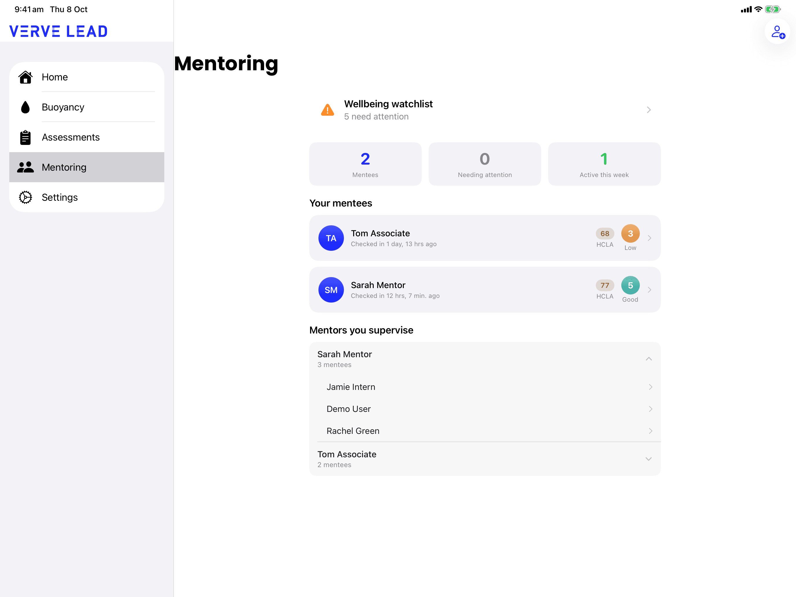 The iPad Mentoring screen beside the sidebar, showing Your mentees and Mentors you supervise, with Sarah Mentor's mentees listed beneath her.