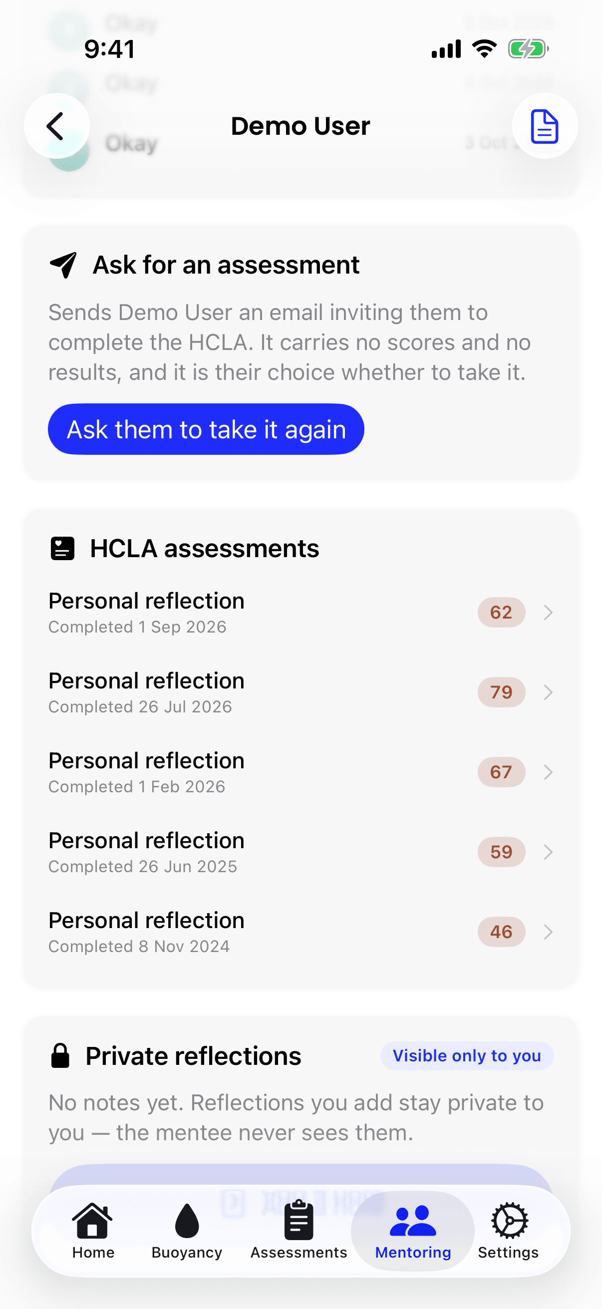 The Ask for an assessment card on iPhone, with its explanation and the Ask them to take it again button.