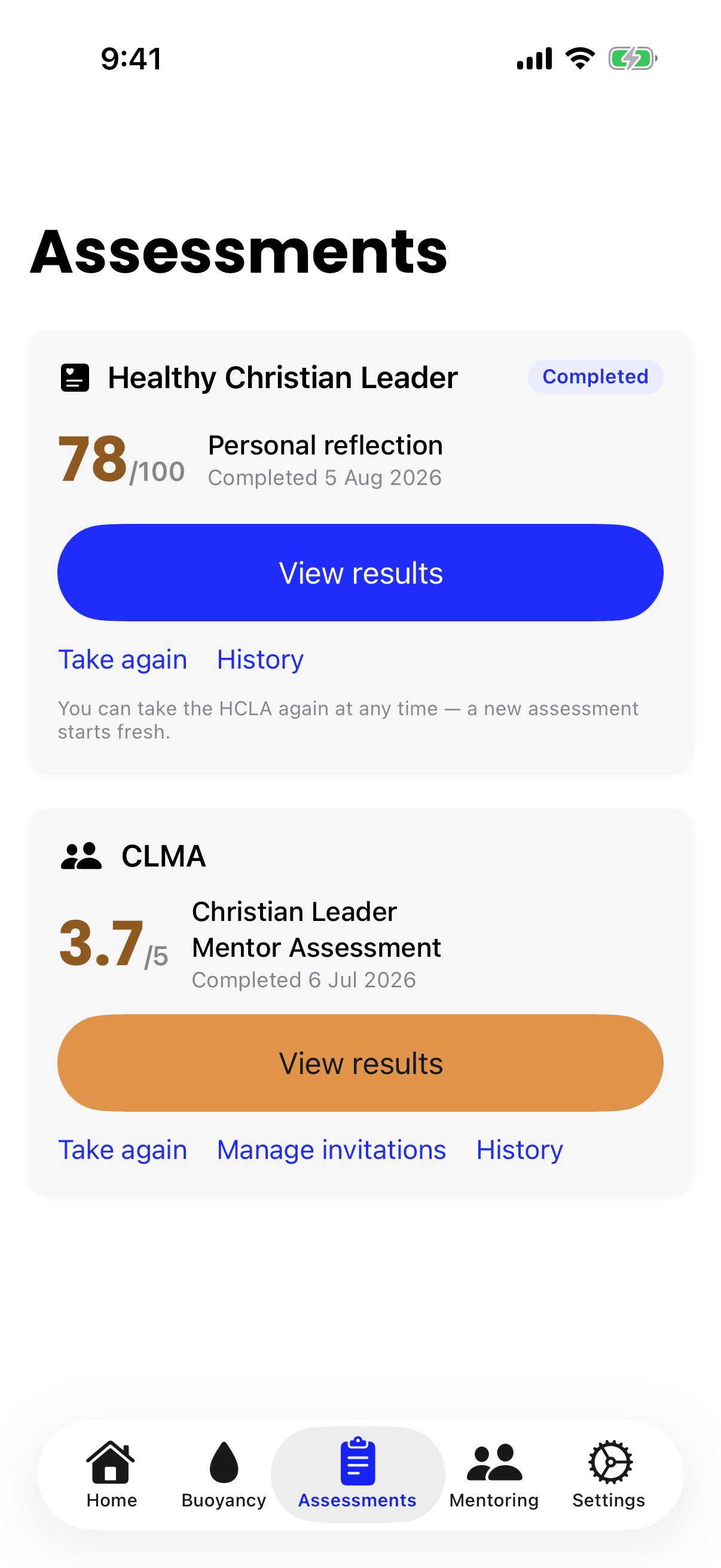 The iPhone Assessments screen, showing a completed Healthy Christian Leader card with its score and a View results button, and the CLMA card below it.