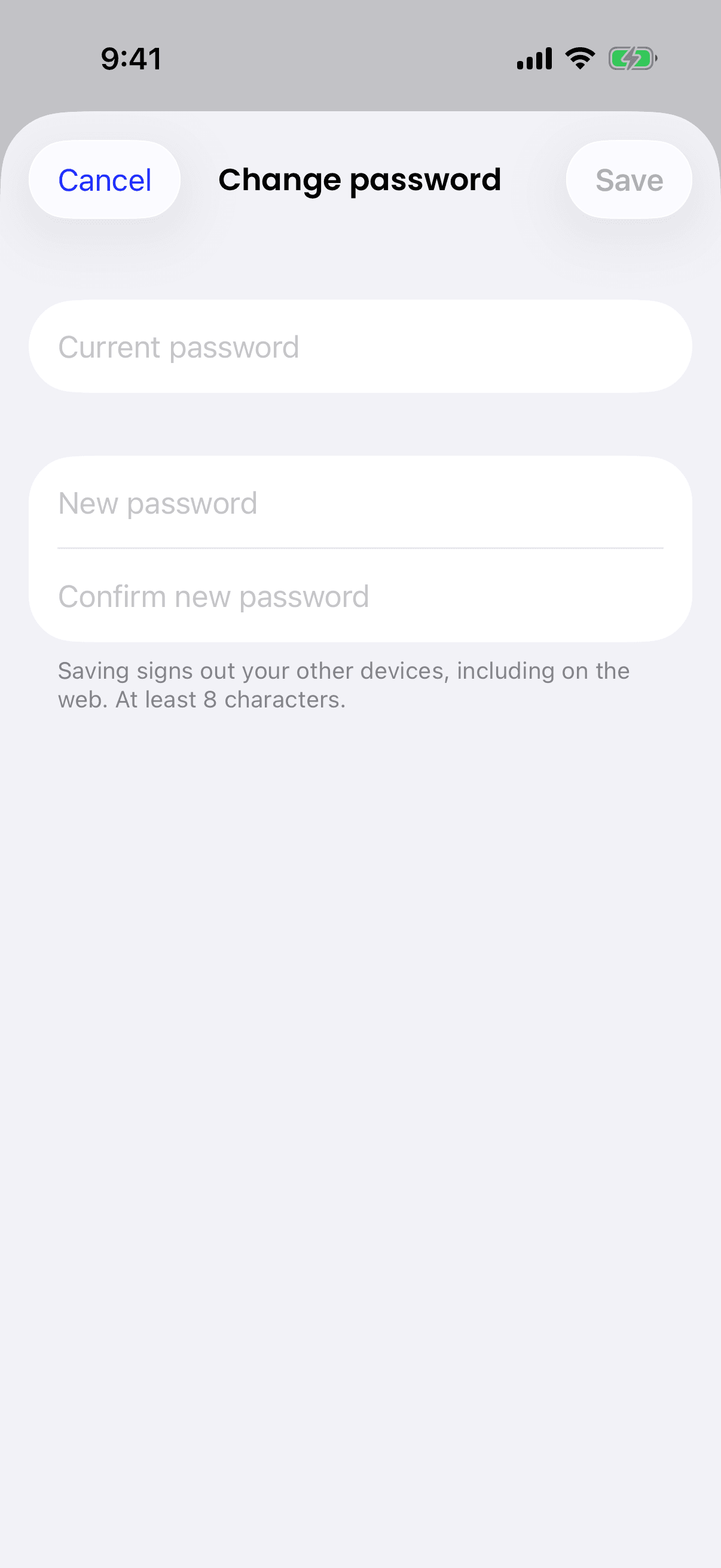The Change password screen, with Current password, New password and Confirm new password boxes, and Cancel and Save buttons.