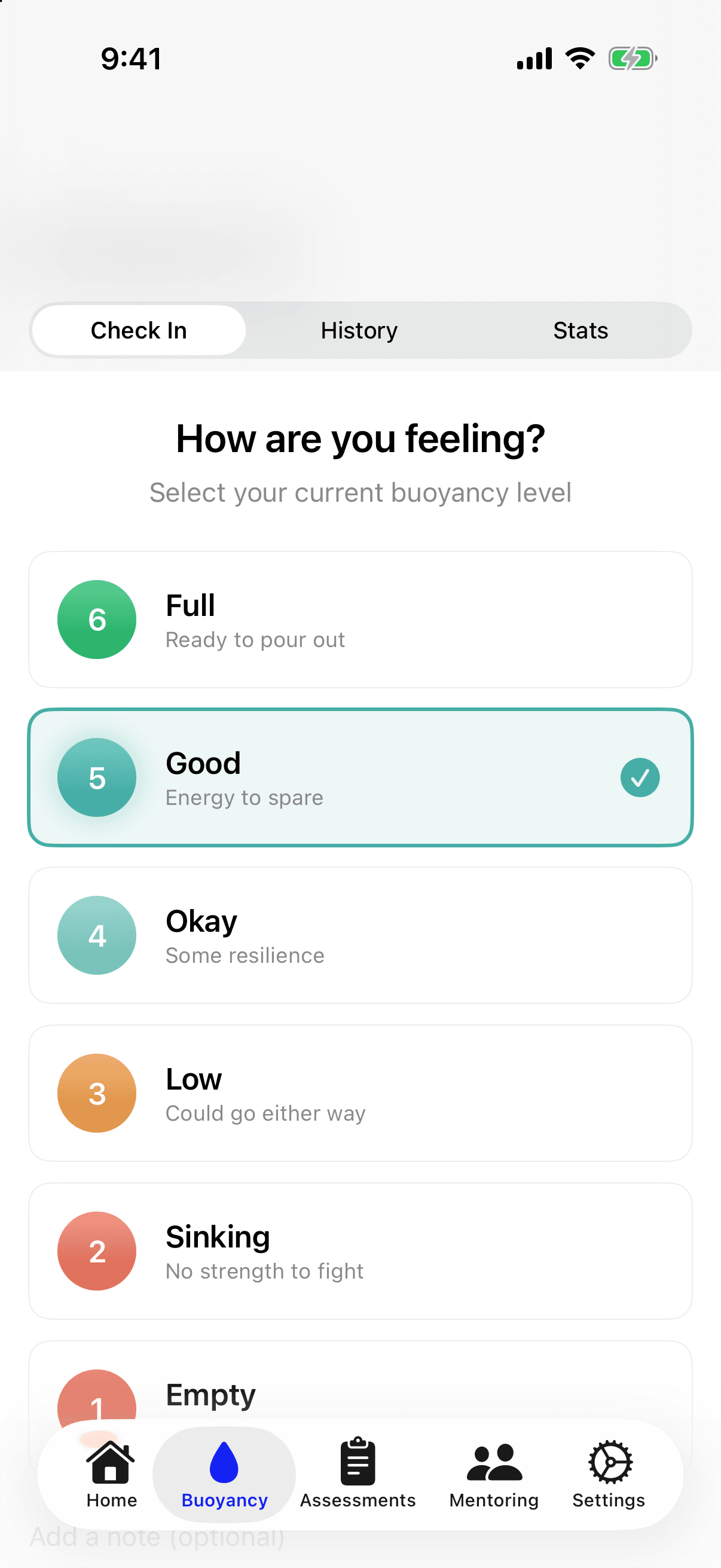The iPhone Check In screen, asking 'How are you feeling?', with the 6 levels listed from Full to Empty and 5 Good selected.