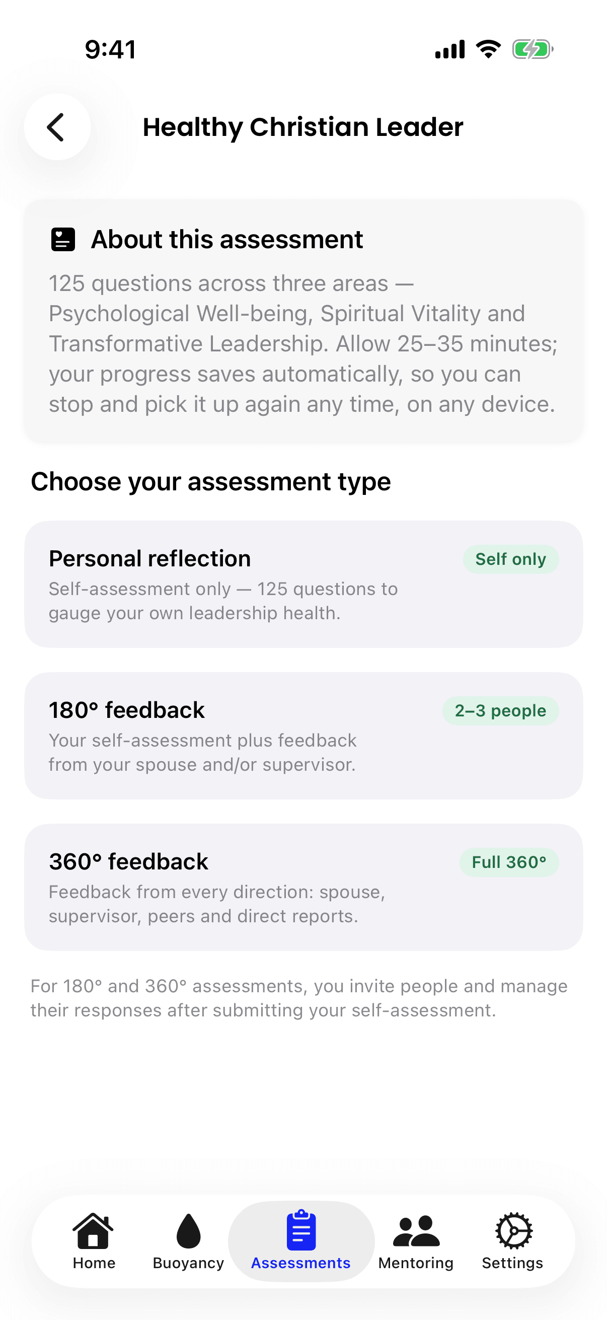The iPhone Healthy Christian Leader screen, with an About this assessment card above Choose your assessment type, listing Personal reflection, 180° feedback and 360° feedback.