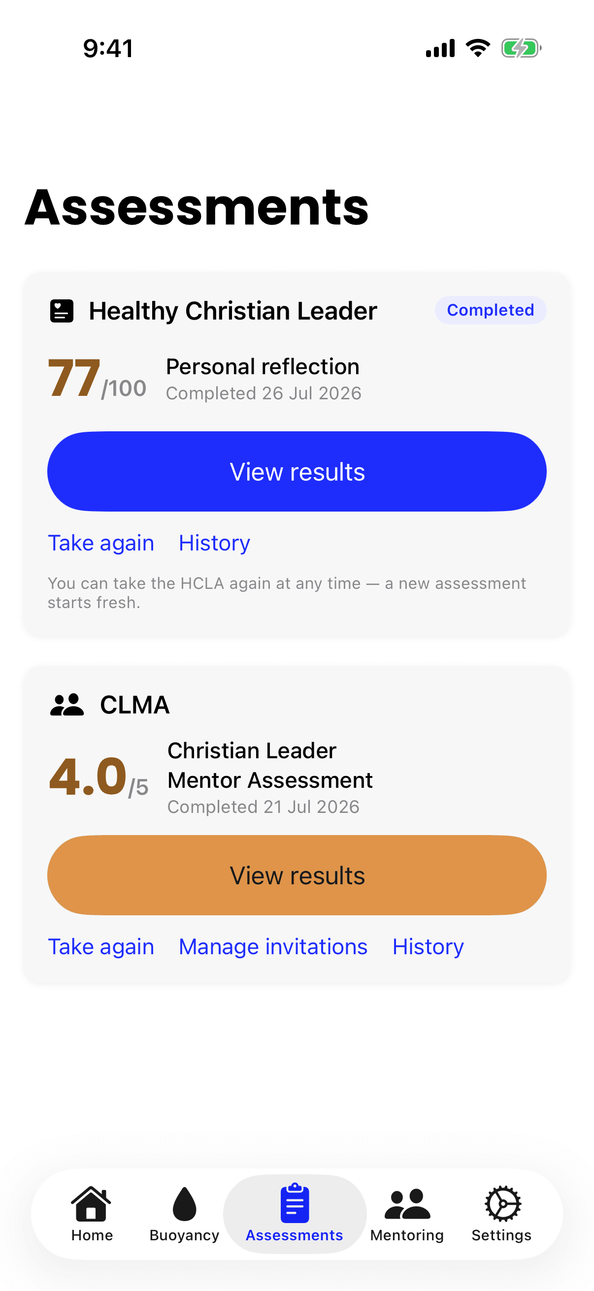 The CLMA card in the iPhone Assessments screen, with the overall score, the completed date, a View results button and Take again, Manage invitations and History links.
