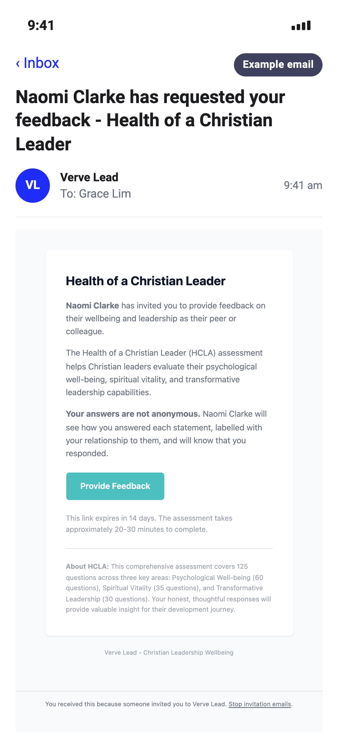 The same example email on an iPhone, naming Naomi Clarke and the relationship, with the note that the answers are not anonymous, a Provide Feedback button and a Stop invitation emails link at the foot.