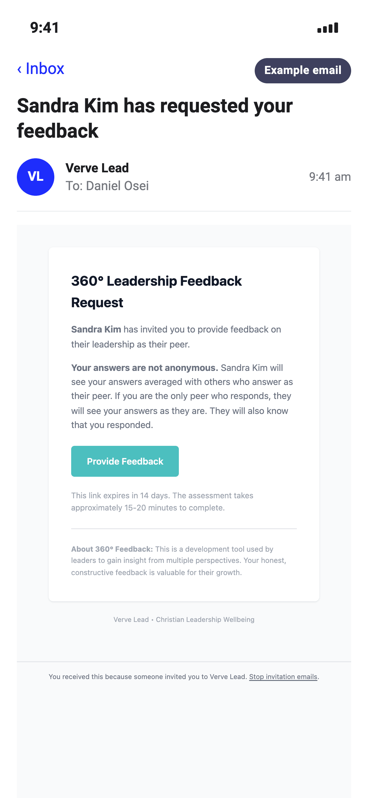 The same example email on an iPhone, with the note that Sandra Kim will see the answers averaged with others who answer as their peer, above the Provide Feedback button.