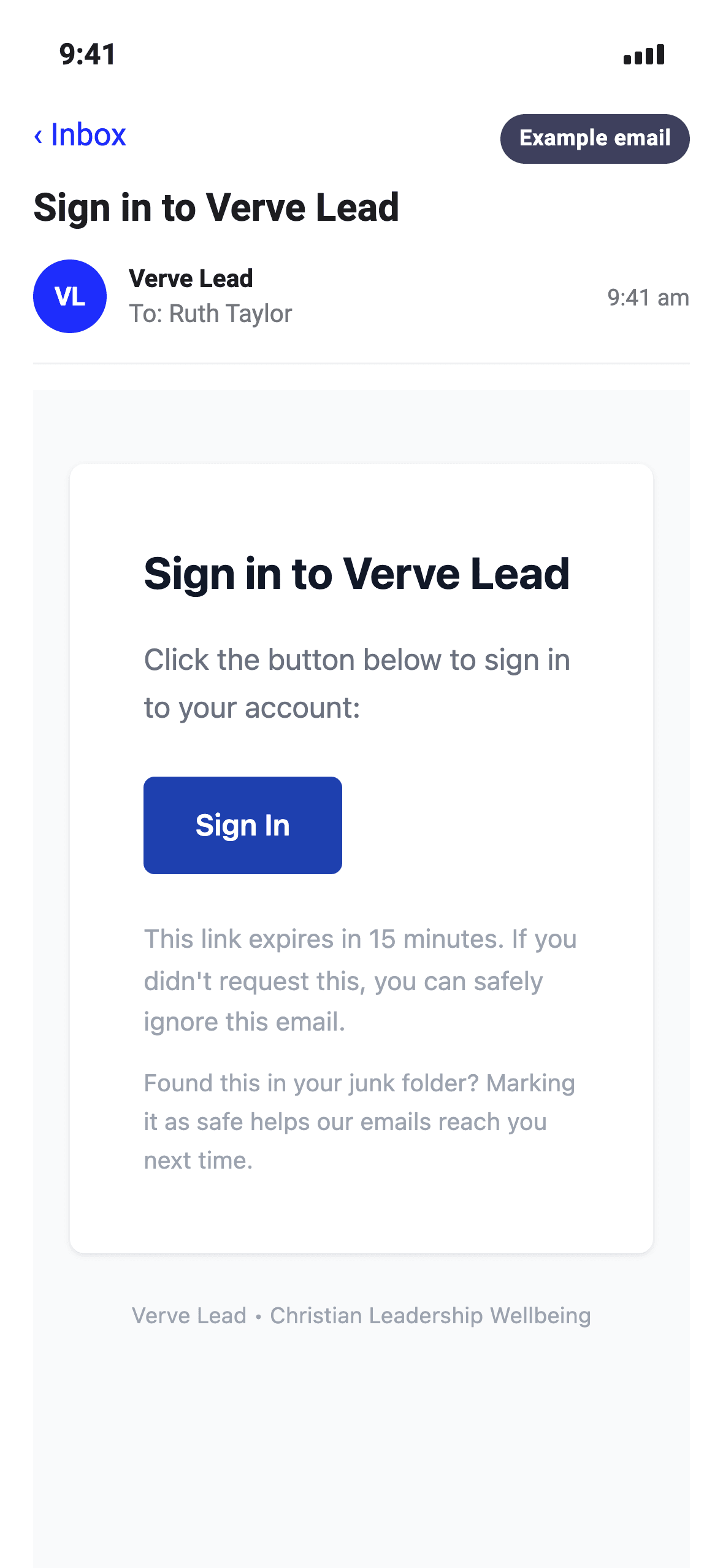 An example sign-in email open on an iPhone, with the subject 'Sign in to Verve Lead' and a Sign In button.