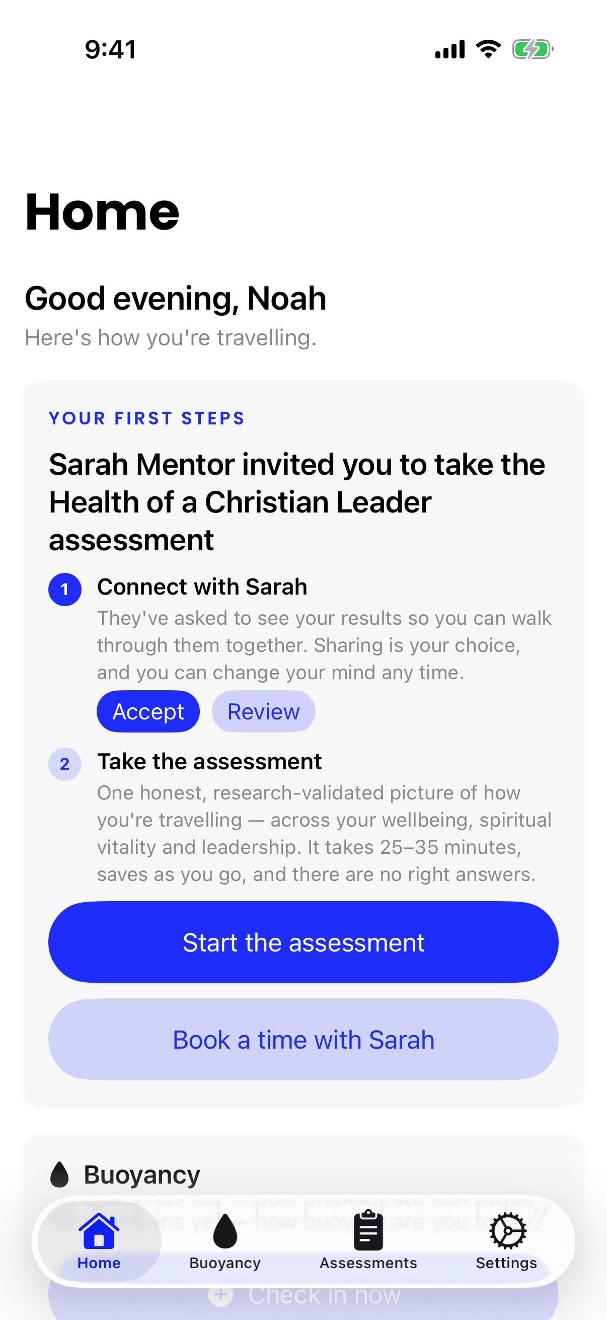 The iPhone Home screen of a new mentee, with the Your first steps card: Connect with Sarah with Accept and Review buttons, then Take the assessment.