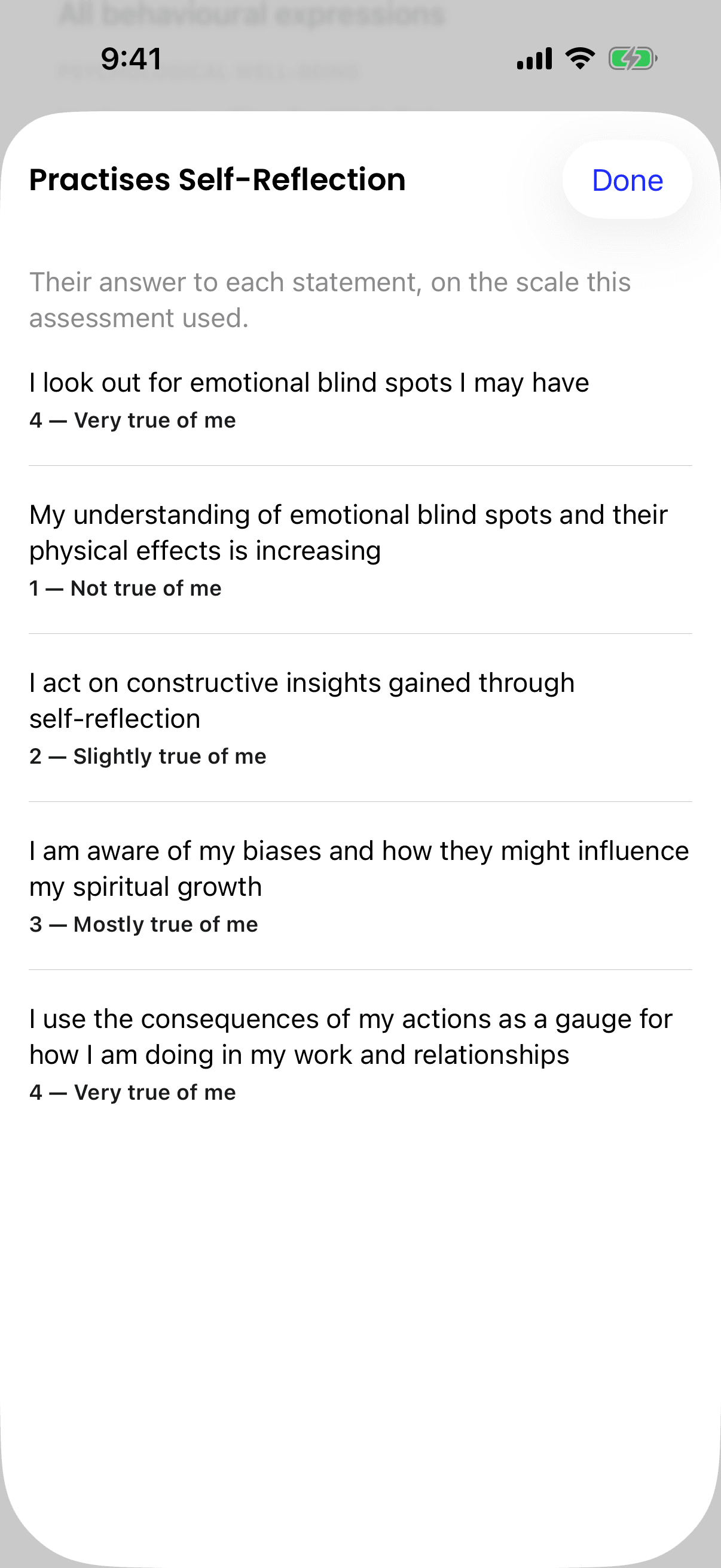 The statements behind one behavioural expression on iPhone, each with the mentee's answer, such as 4 – Very true of me.