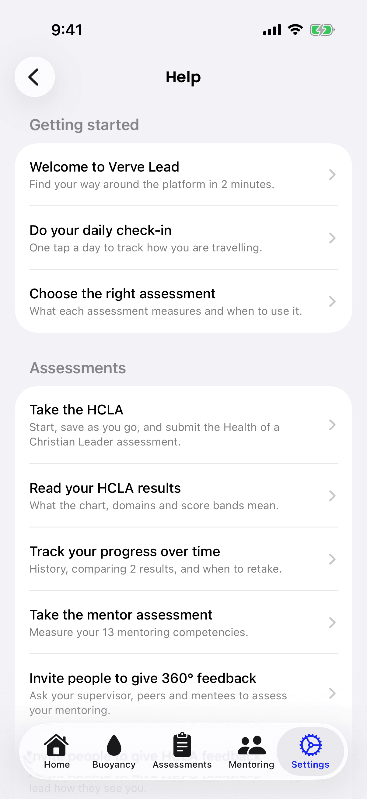 The app's Help screen, listing help articles grouped by topic, each with a title and a one-line summary.