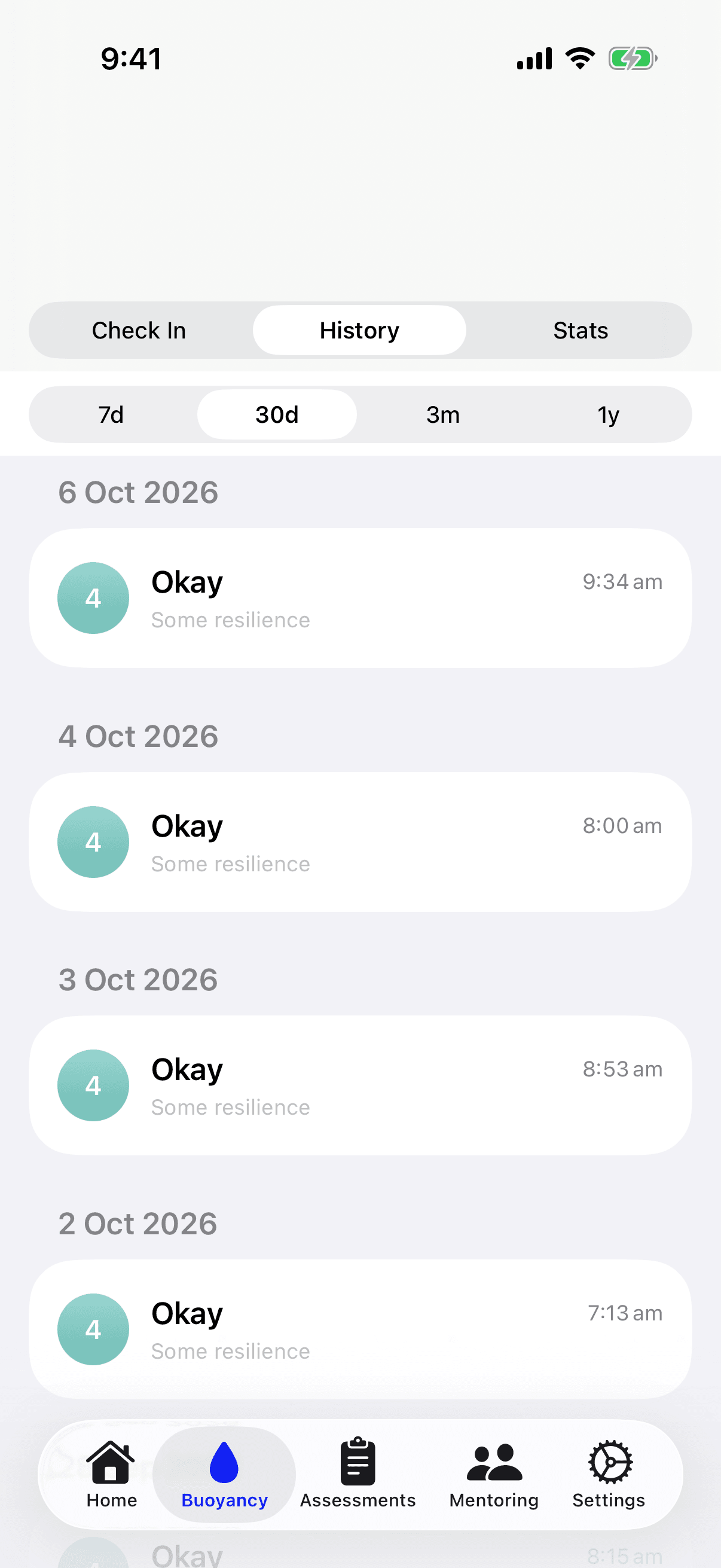 The iPhone History screen, listing check-ins by date with their level and time, filtered to the last 30 days.