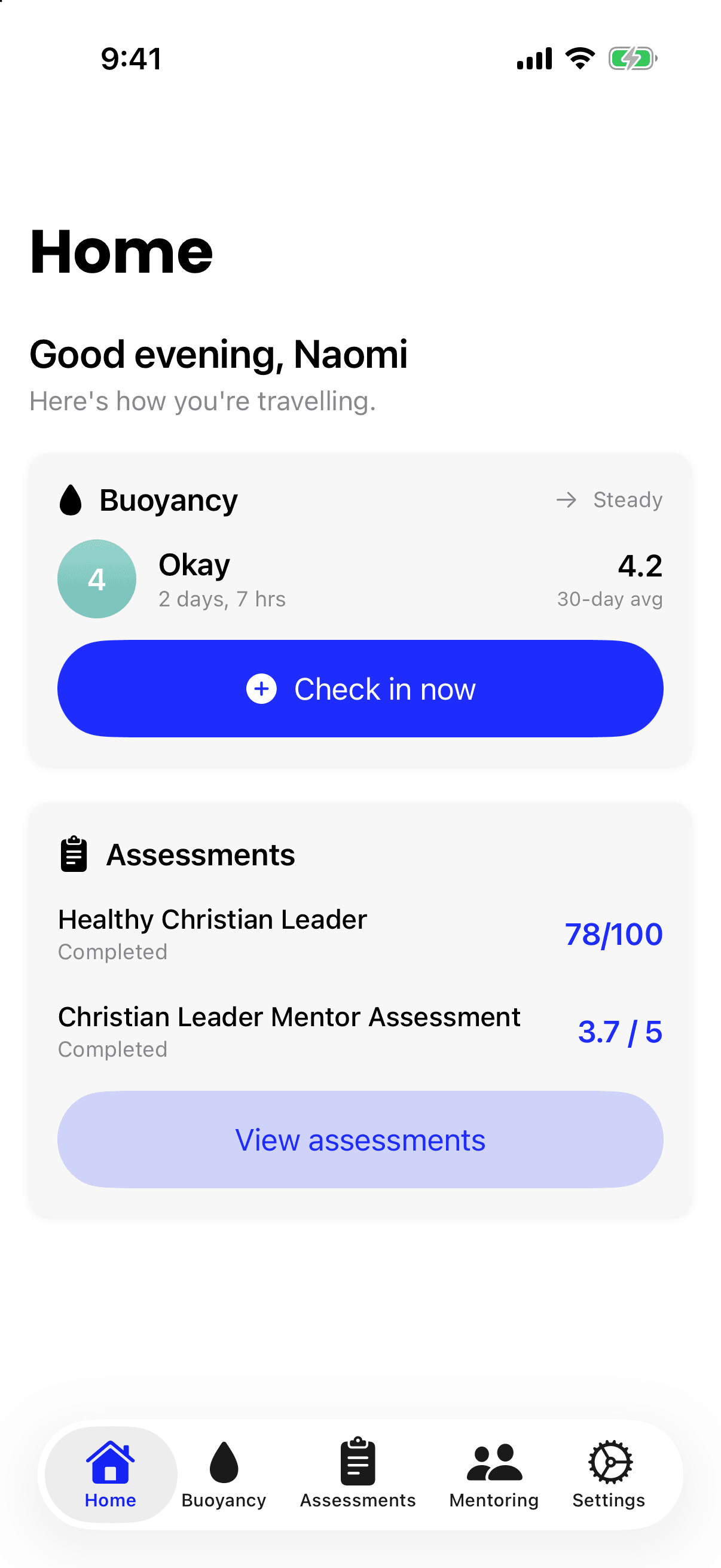 The iPhone app's Home screen, showing the latest check-in of 4 Okay, a 30-day average of 4.2 and a Check in now button.