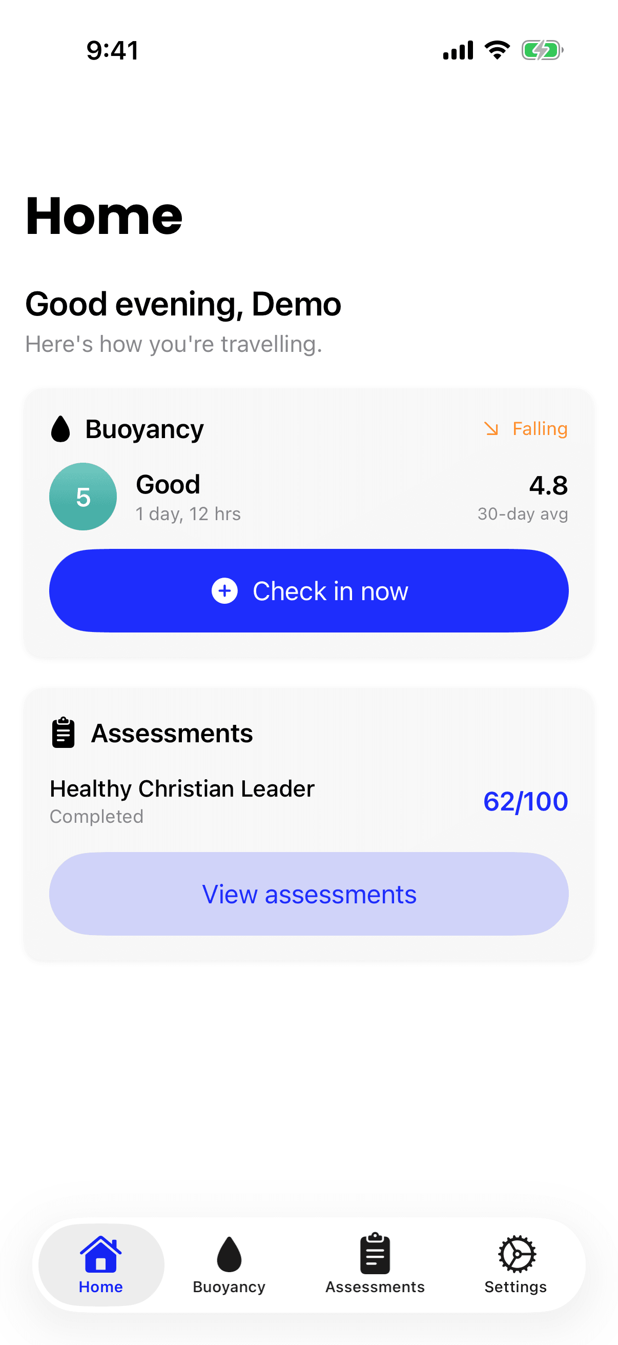 The iPhone app's Home screen, with a greeting, a Buoyancy card showing the latest check-in and a Check in now button, an Assessments card showing a completed Healthy Christian Leader assessment, and the tabs Home, Buoyancy, Assessments and Settings along the bottom.