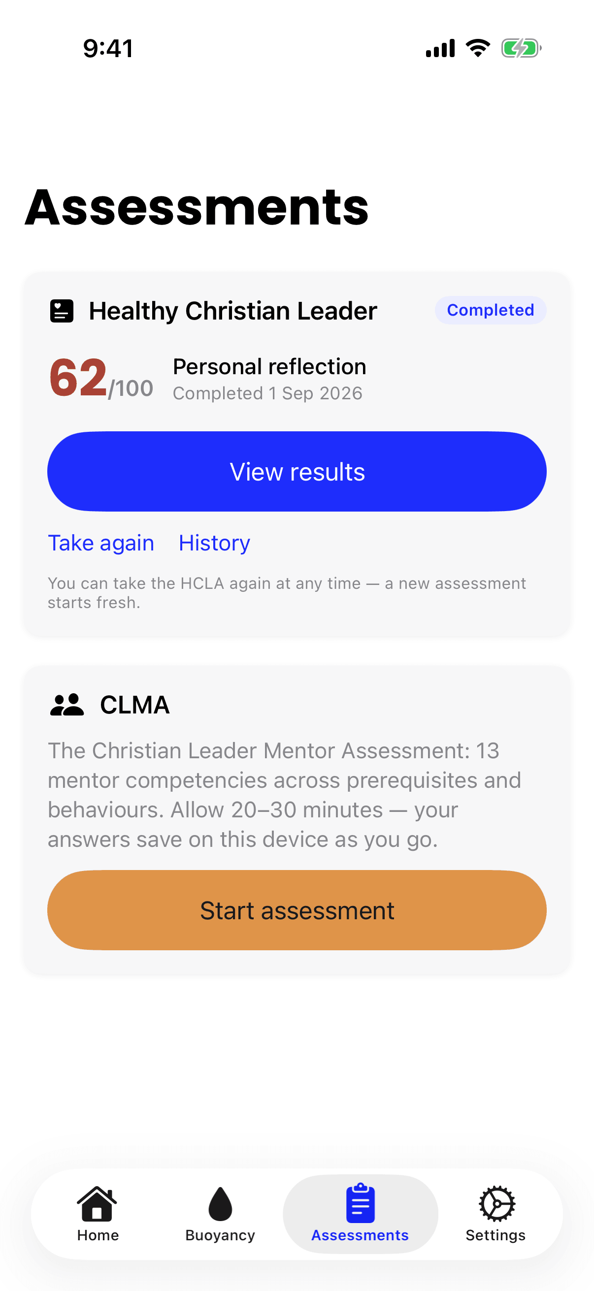 The iPhone Assessments screen, with the Healthy Christian Leader card showing the latest score and buttons to view results, take it again or see history, and the CLMA card below.