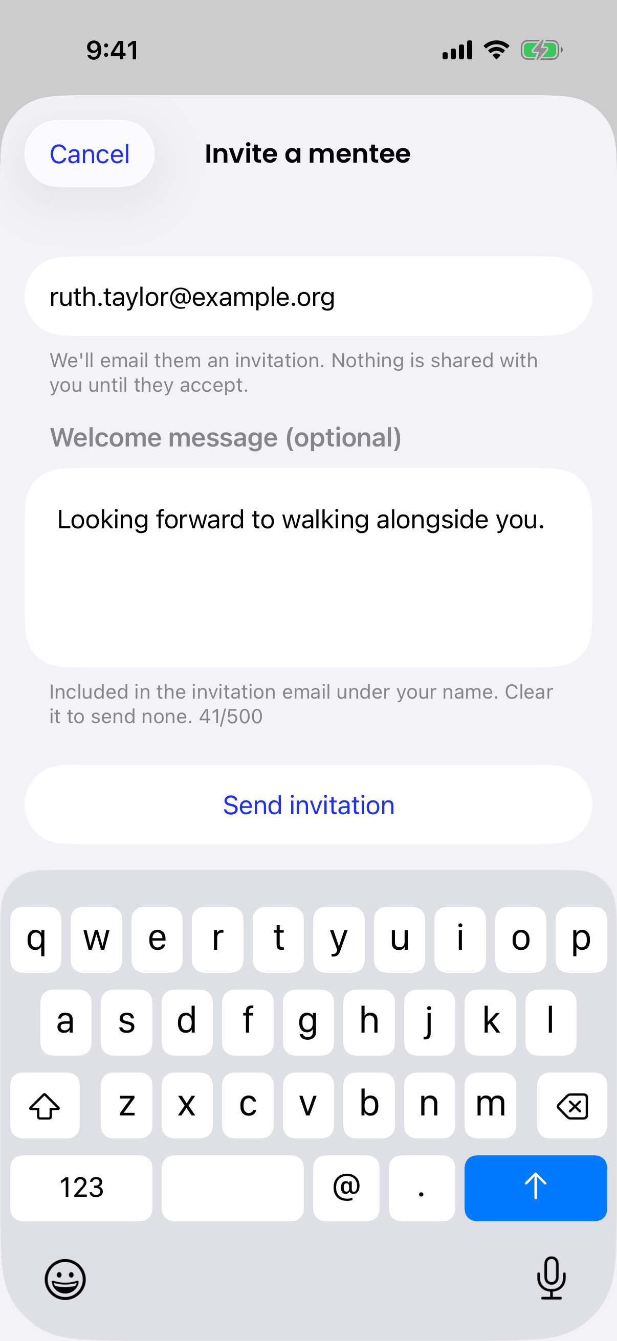 The iPhone Invite a mentee screen, with an email address entered, a welcome message under the heading Welcome message (optional), and a Send invitation button.