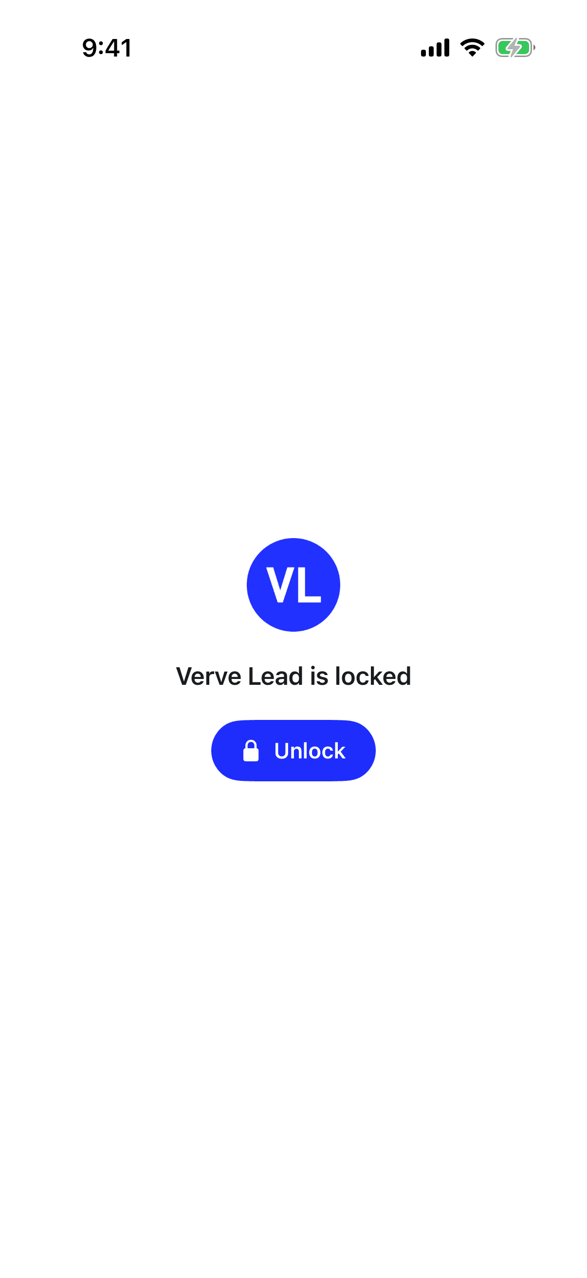 The app's lock screen, showing the Verve Lead logo, the words 'Verve Lead is locked' and an Unlock button.