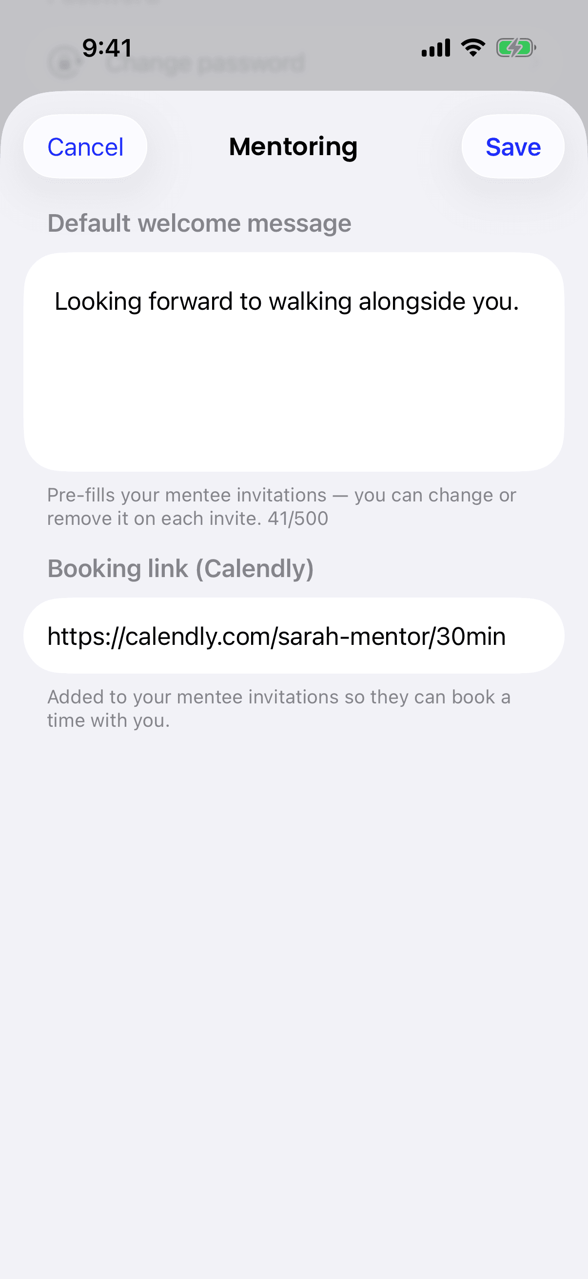 The iPhone Mentoring screen, with a Default welcome message box and a Booking link (Calendly) field, and Cancel and Save at the top.