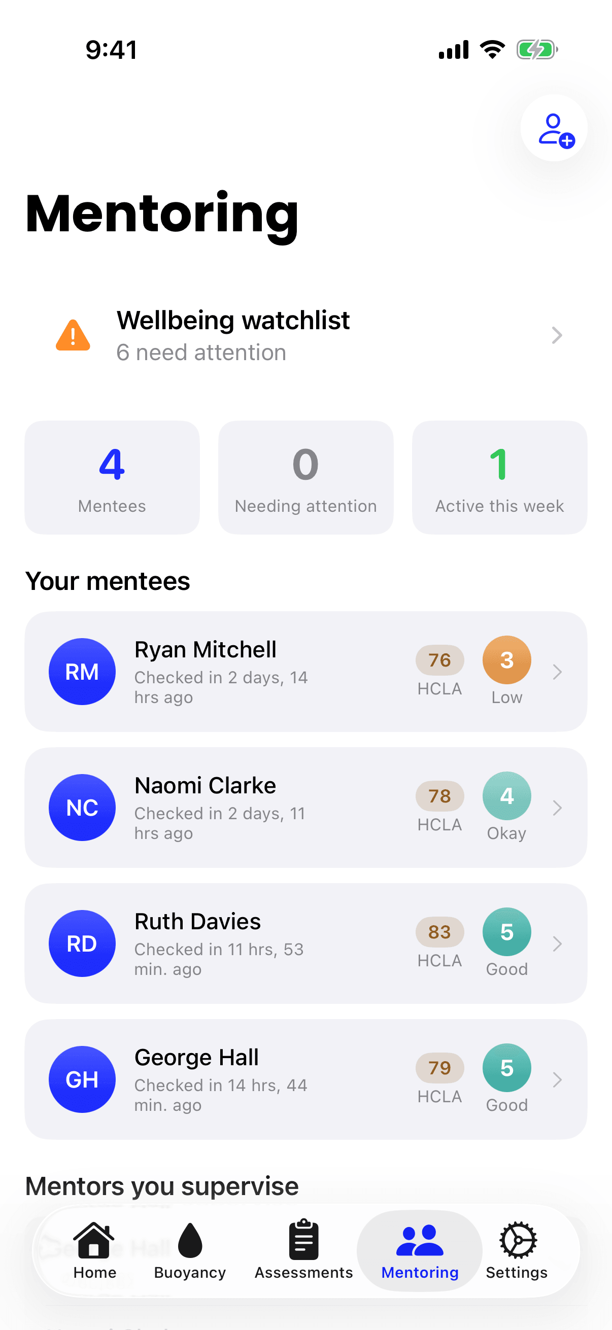 The iPhone Mentoring screen, with a Wellbeing watchlist card at the top and a list of mentees, each showing their latest check-in level.