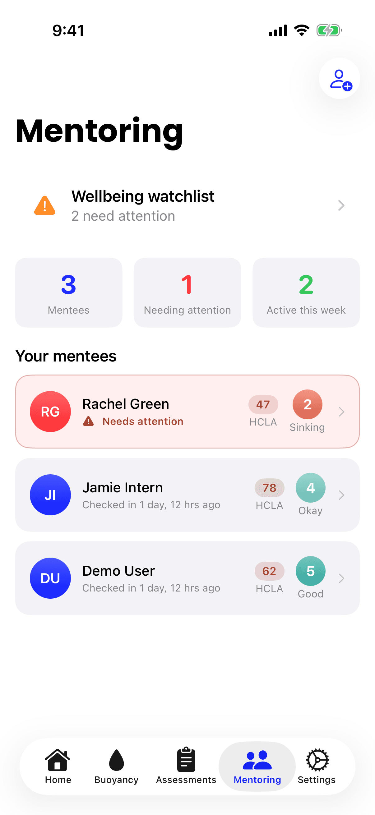 The iPhone Mentoring screen, with the Wellbeing watchlist card, tiles for Mentees, Needing attention and Active this week, and a list of 3 mentees, with Rachel Green's row marked Needs attention.