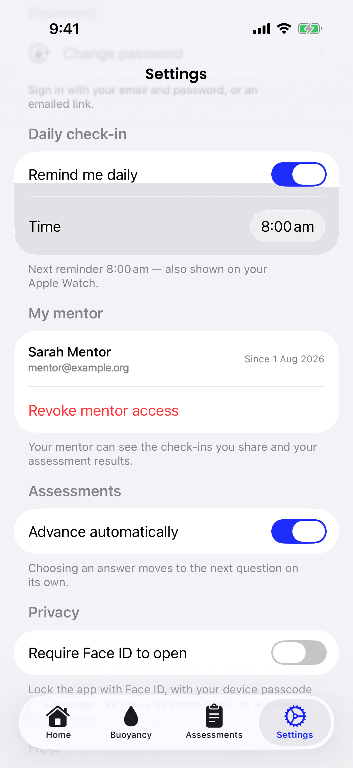 The My mentor section of iPhone Settings, showing Sarah Mentor, the date the relationship began, and a Revoke mentor access button.