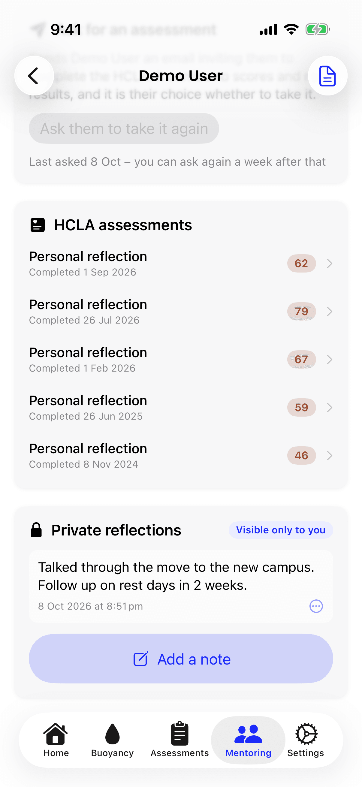 The Private reflections card on iPhone, marked Visible only to you, with one note and its date, a more button beside it, and an Add a note button. Above it is the mentee's list of HCLA assessments.